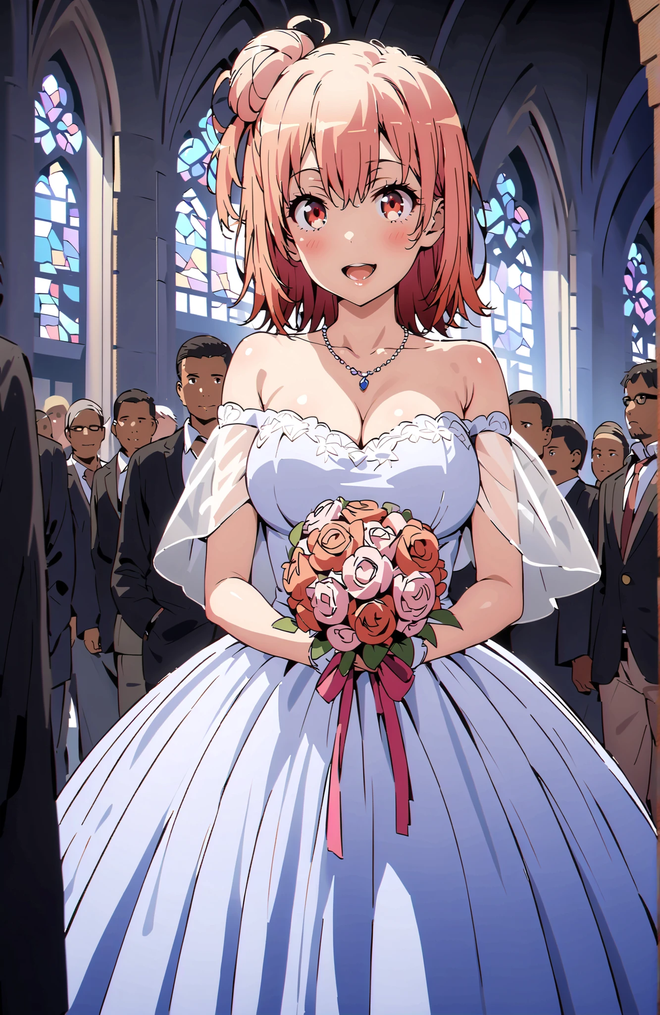 yuiyuigahama, Yuigahama Yui , solo,short hair, brown eyes in the oral vagina, pink hair, single hair bun,Big Breasts,smile,blush,open mouth off shoulder wedding dress, wedding long skirt ,bouquet,Veil,necklace for 1 person,STANDING,stained glass,crowd,full bodyがbreak looking at viewer,full body,
break indoors, Chapel,church,
break (masterpiece:1.2),Best Quality ,Kampala,unity 8k 壁紙,(shape:0.8),( fine and beautiful eyes :1.6),It's a person ,full body写真,CG Details , (perfect hand,Complete Anatomy),