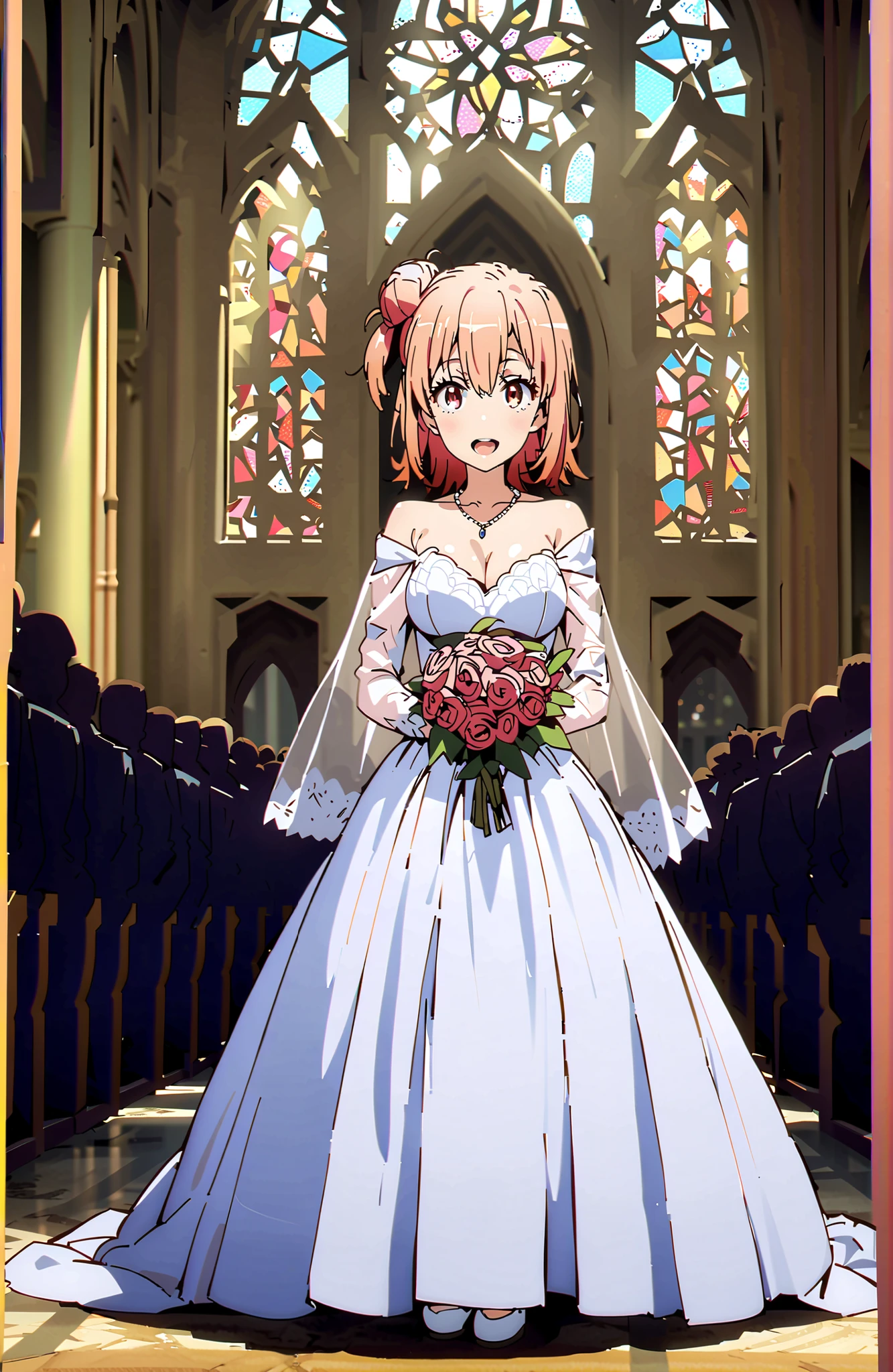 yuiyuigahama, Yuigahama Yui , solo,short hair, brown eyes in the oral vagina, pink hair, single hair bun,Big Breasts,smile,blush,open mouth off shoulder wedding dress, wedding long skirt ,bouquet,Veil,necklace for 1 person,STANDING,stained glass,crowd,full bodyがbreak looking at viewer,full body,
break indoors, Chapel,church,
break (masterpiece:1.2),Best Quality ,Kampala,unity 8k 壁紙,(shape:0.8),( fine and beautiful eyes :1.6),It's a person ,full body写真,CG Details , (perfect hand,Complete Anatomy),
