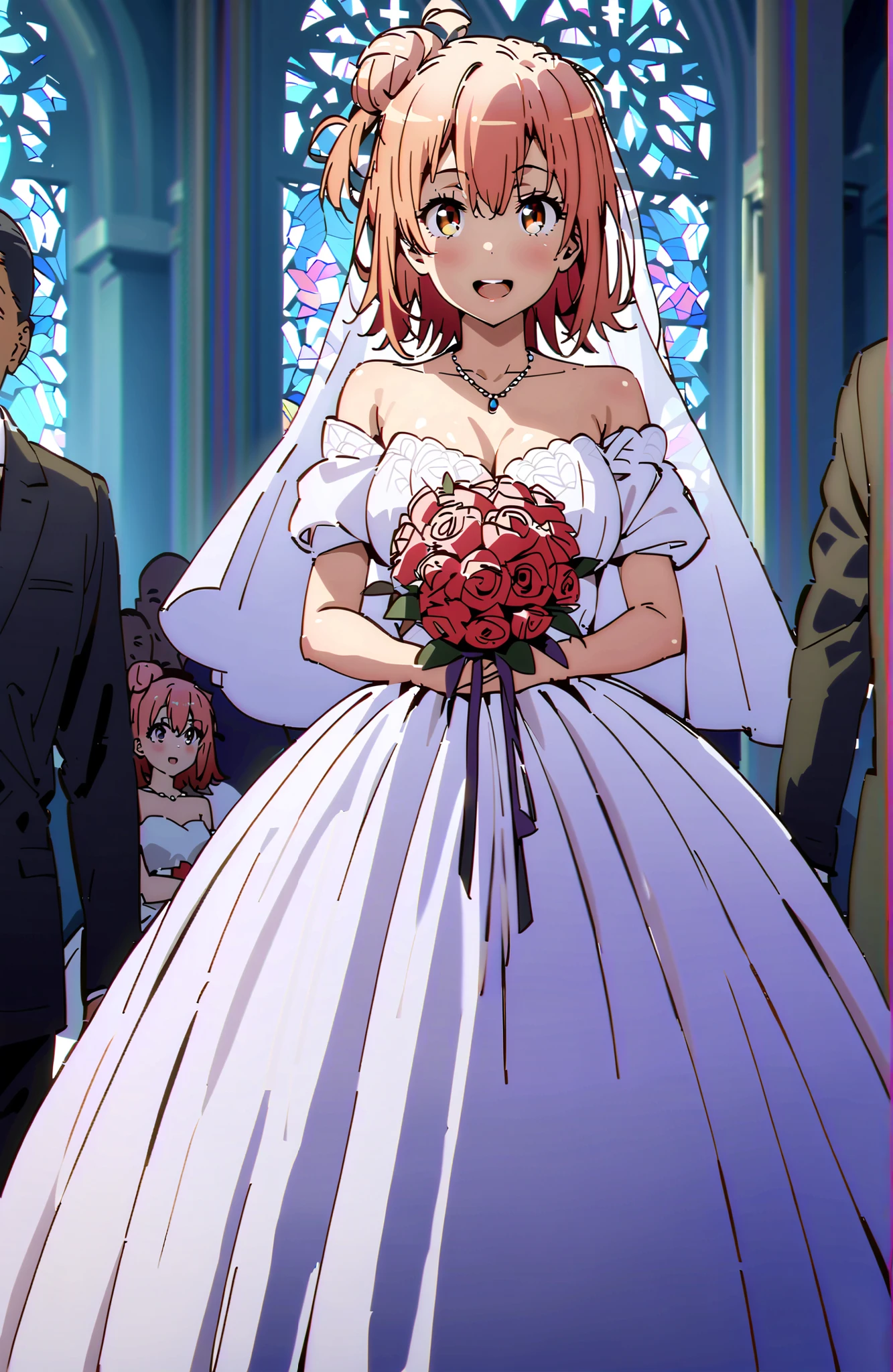 yuiyuigahama, Yuigahama Yui , solo,short hair, brown eyes in the oral vagina, pink hair, single hair bun,Big Breasts,smile,blush,open mouth off shoulder wedding dress, wedding long skirt ,bouquet,Veil,necklace for 1 person,STANDING,stained glass,crowd,full bodyがbreak looking at viewer,full body,
break indoors, Chapel,church,
break (masterpiece:1.2),Best Quality ,Kampala,unity 8k 壁紙,(shape:0.8),( fine and beautiful eyes :1.6),It's a person ,full body写真,CG Details , (perfect hand,Complete Anatomy),