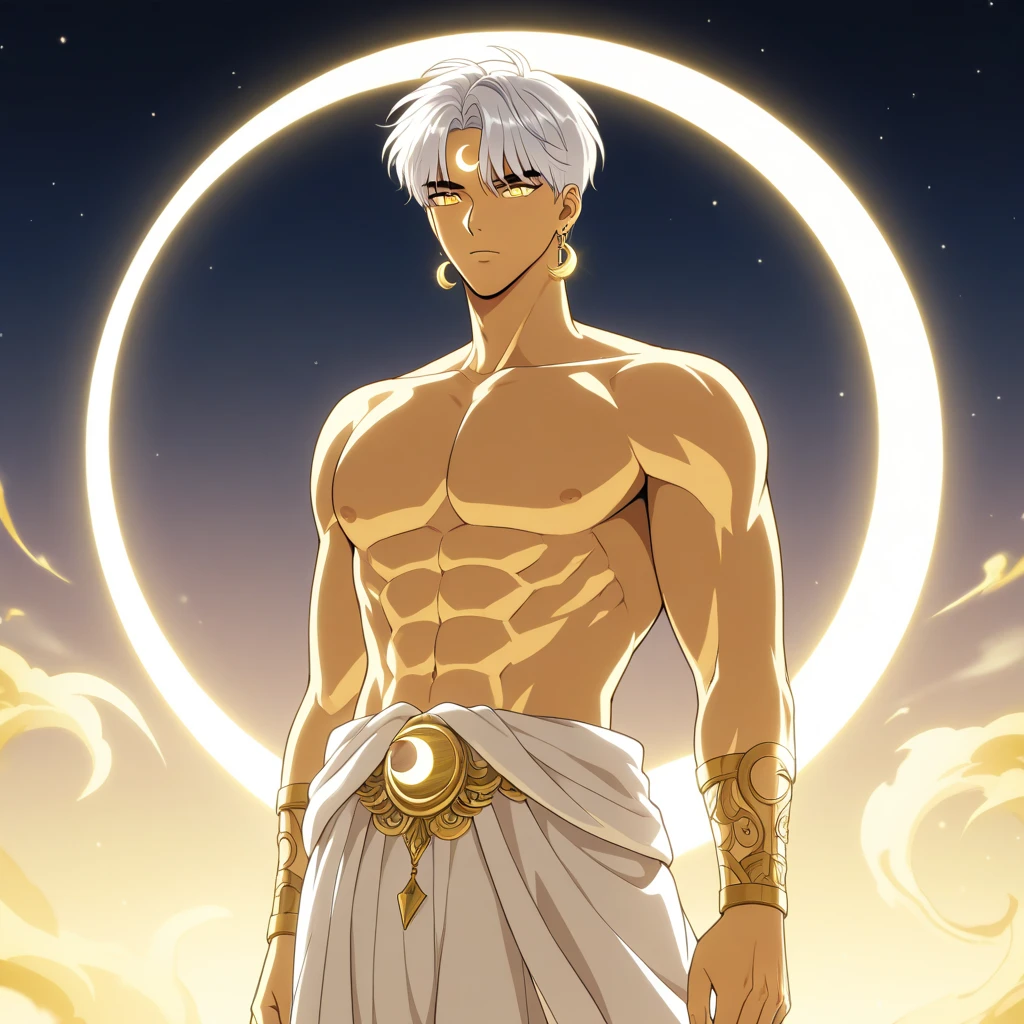 white fox ears, white hair short down, big smirk, white eyes, background: clouds, roof, sky