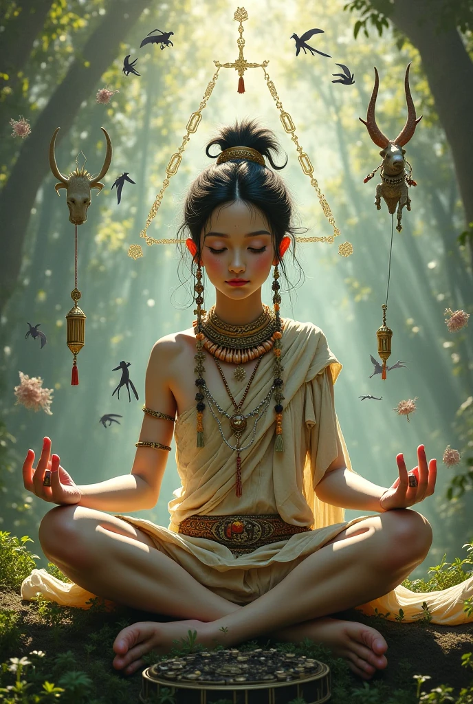 Lord Shiva, meditating under divine tree, wind blowing, sunlight from top angle, little leaf falling from tree, masterpiece, 8k resolution, dynamic lighting, hyper detailed, intricately detailed, trending on Artstation, deep color, Unreal Engine,volumetric lighting, Alphonse Mucha, Jordan Grimmer.