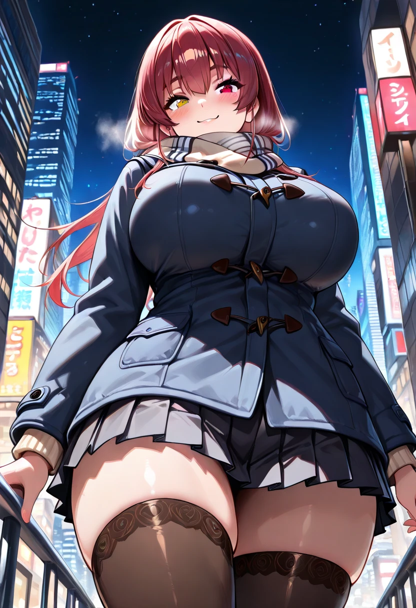 anime、High resolution、Gentle smile、Nishizumi Maho、Magazine cover style、Sensational headlines、A beautiful girl with huge breasts wearing winter clothes shows off her charms at a campsite late at night、Perfect proportions、Fatty thick legs、Cowboy Shot、Sweaty、Clear eyes