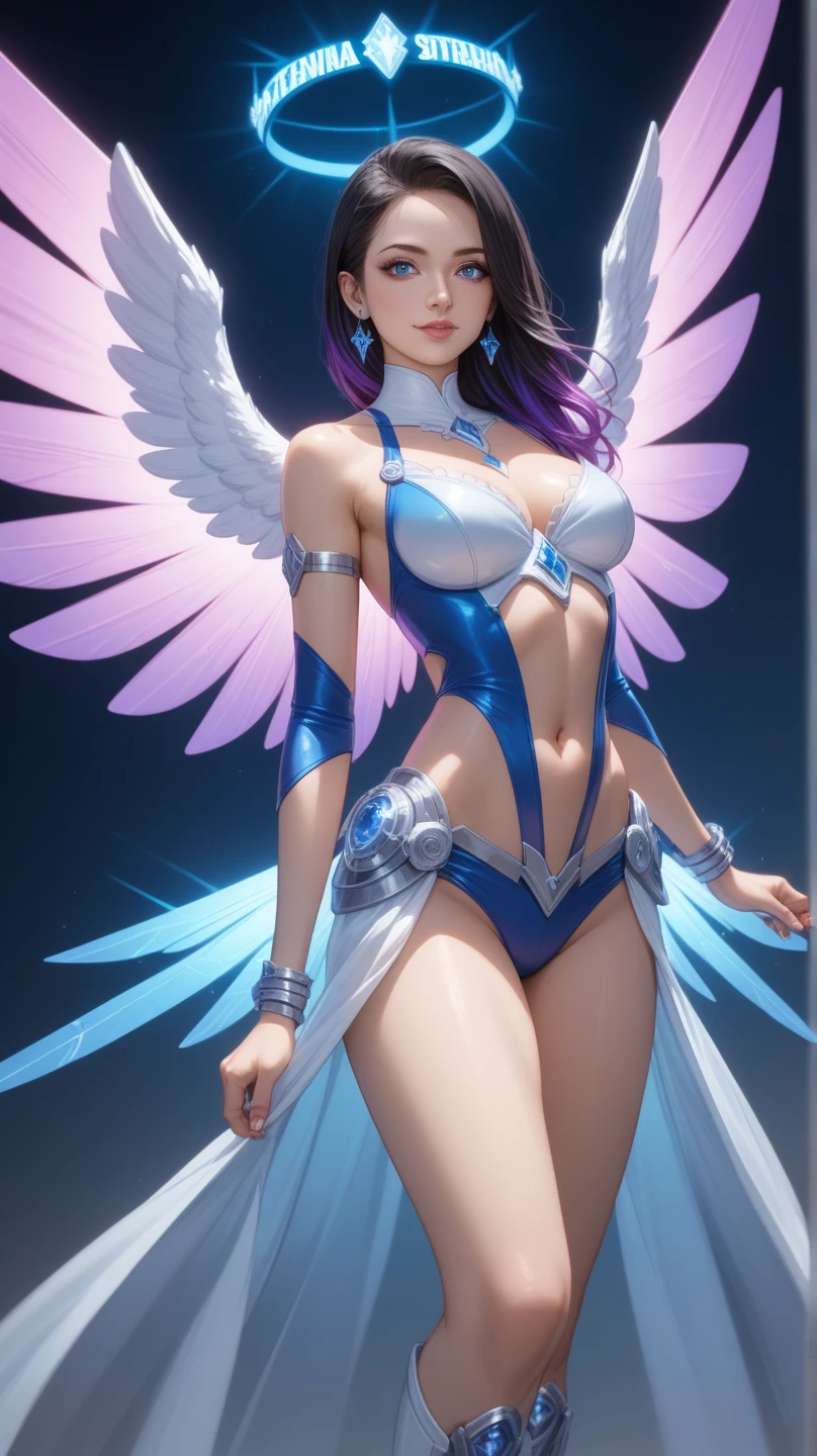 ultra realistic pictures. super fine art. super detail, micro expression detail. light smile. attractive, proportional pose, sexy girl, super beautiful, proportional face. charming girl in Greek ancient royal blue nun robe costume, archangel, blue hair, giant wings angel, golden magenta, golden aura, magenta flame, universal logos, sparkling diamond dust. interstellar background, UHD, 8k
