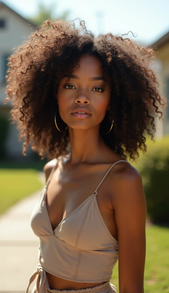 A light black woman with dark brown curly hair like her eyes, approximately 35 years old, full body
