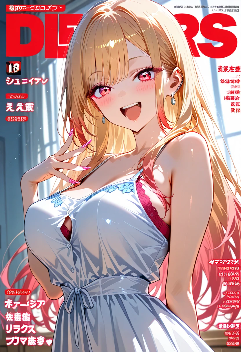 One Woman、Completely naked、No clothes、Sit on the bed、((Cover your face with both hands、Touch your cheeks with both hands))、blush、Embarrassed、Smiling、Angle from the front、Blonde Hair、Hair between the eyes、long hair、Blue Eyes、Big Breasts、Leaning forward、Accurate hand drawing、