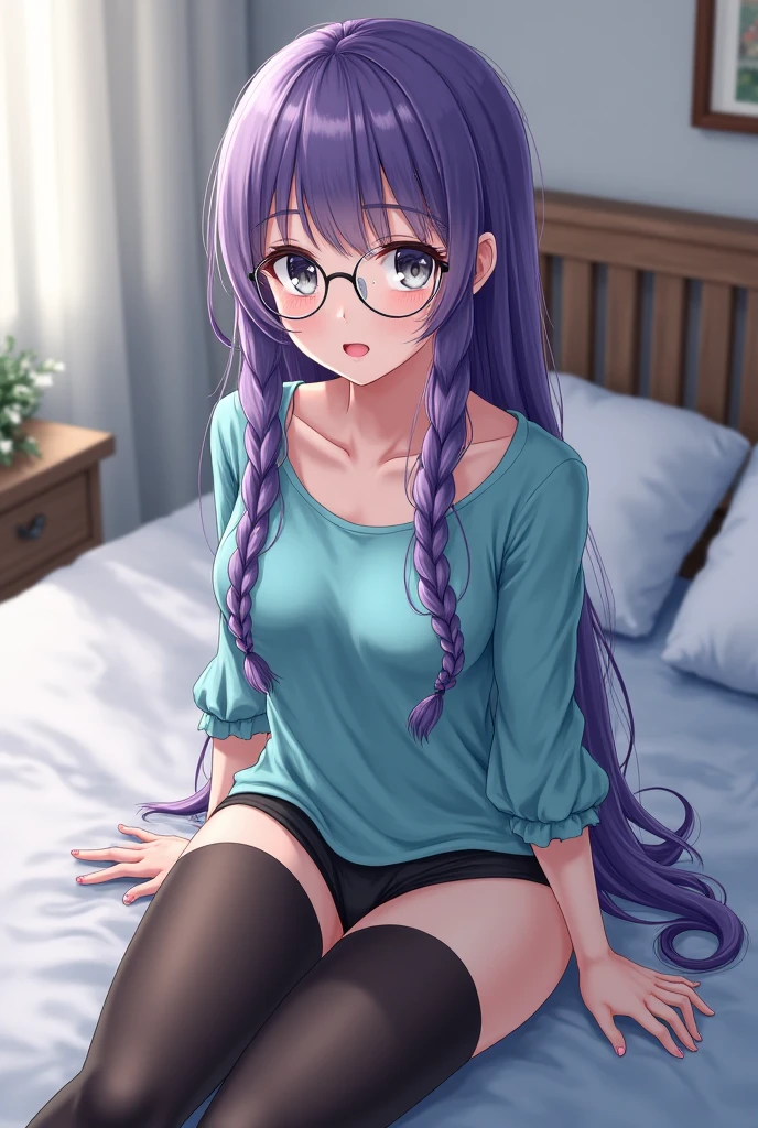 High quality girl laying in bed with long muted magenta hair with bangs and glasses with teal eyes one finger in panties