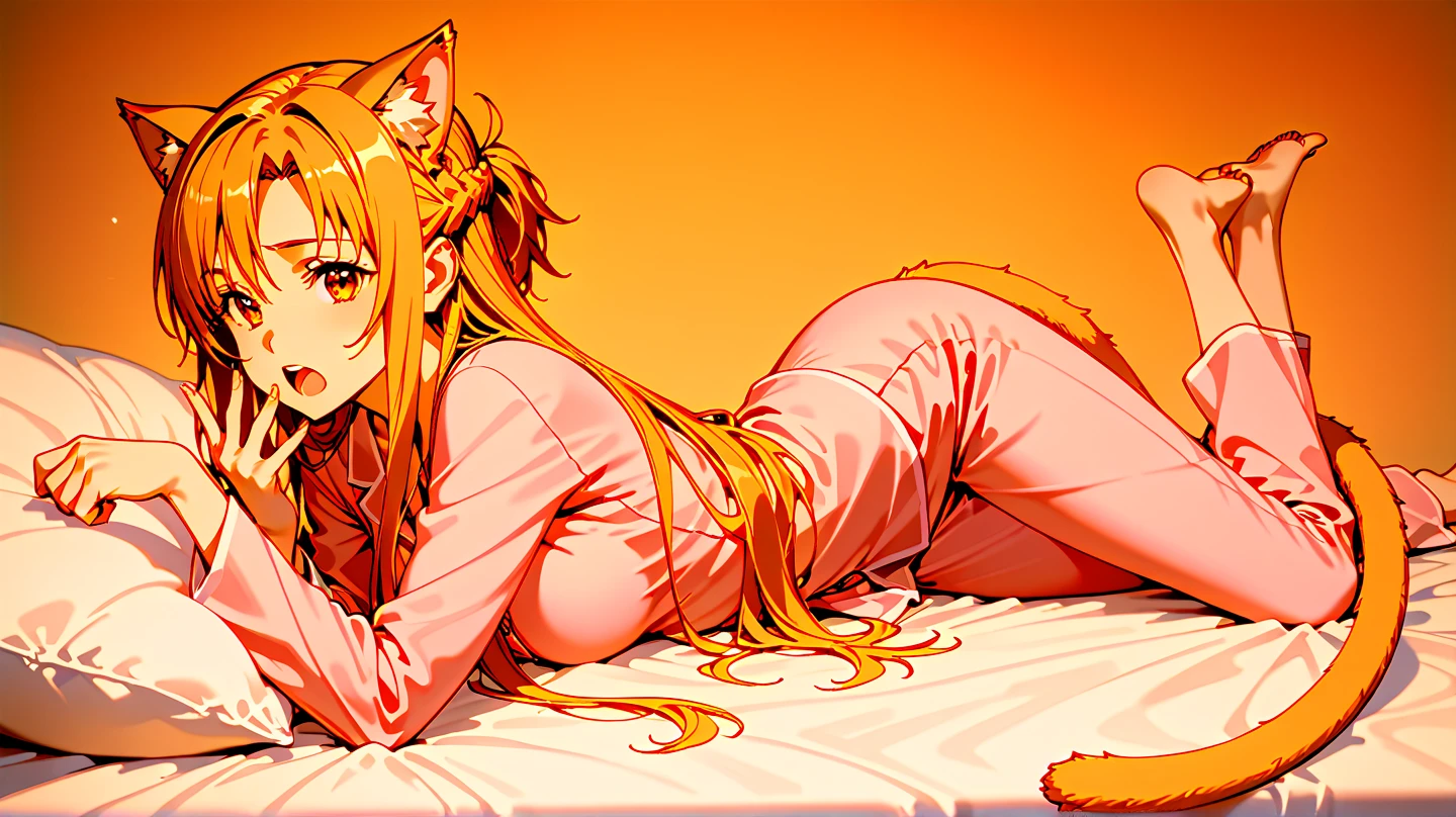 1 solo female gazed (blindfolded), animal tiger ears, animal tiger hands, animal tiger print, bell, bikini, breasts, choker, claws, cleavage, collar, full body, gloves, large breasts, pink lips, long hair, looking at viewer, navel, neck bell, on bed, tiger paw gloves, tail, thigh highs, tiger ears, tiger print, tiger tail, white long hair, sitting on bed bedroom background