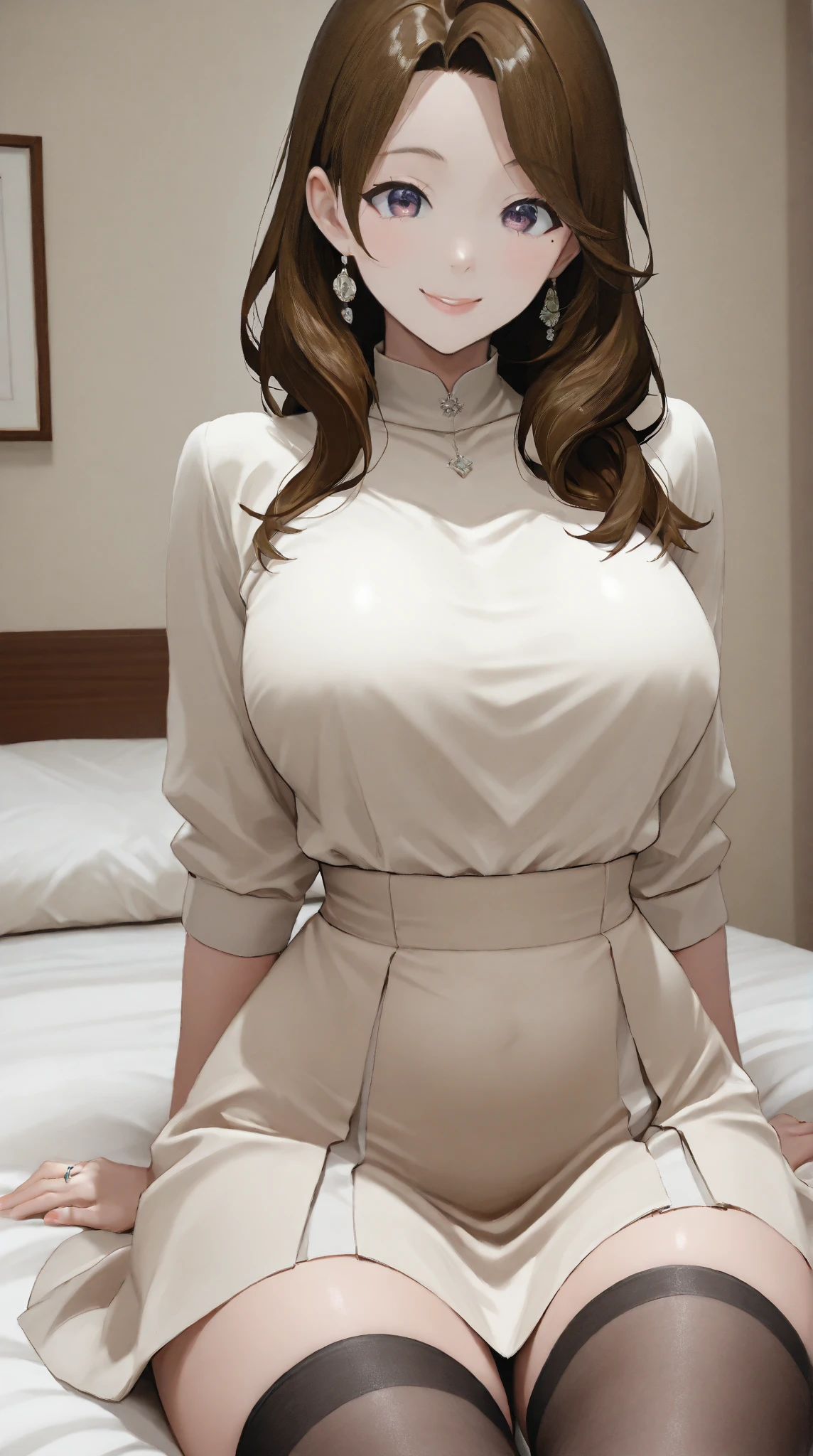 The highest quality, the highest image quality, the highest resolution, ultra-detailed, wear a satin wrench coat, the material of the satin wrench coat and satin blouse is shiny, soft and smooth to the touch, the buttons of the satin wrench coat are large, the buttons in front of the satin wrench coat are fastened, and the underwear is not worn, the collar of the satin blouse must be taken out of the satin wrench coat, Body-fitting satin blouse, chest is C cup, Japan fashion model, full body shooting so that the face also enters, one beauty, the location is the hotel bedroom, the eyes are clear double, wet lips and appeal,