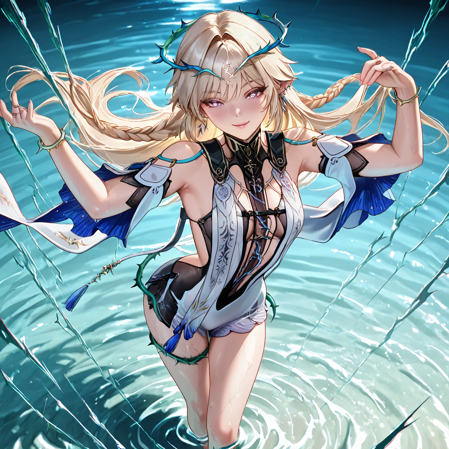 ((maximum quality、in 8K、))1 female、Anime girl with blonde hair and red eyes、Anime girl named Lucy、Portrait of a female anime hero、female anime character、portrait knights of zodiac girl、Altria Pendragon、Hajime Yatate、Symphogear、Giorno Giovanna、Cornelia from Code Geass、War Maiden Suvia、Summer、beach、Luxurious white swimsuit Beautiful abs Miwaki Beautiful legs Heavy sweat shyness