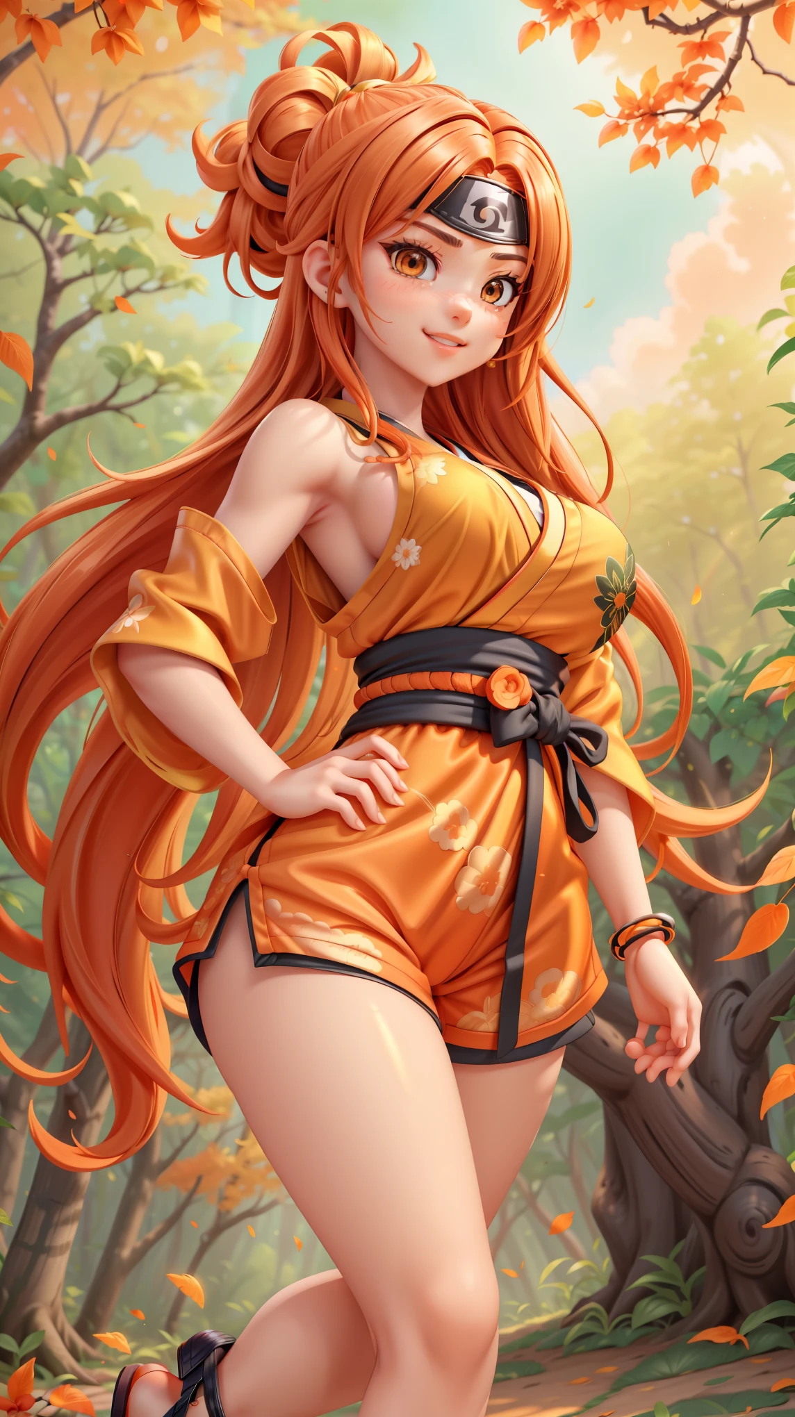 ultra-realistic, ultra-precise, 8k, photorealistic, vivid, masterpiece, shiny skin,  elastic skin , is cute,  High quality lighting , Sharp texture, very big butt, thin waist, sturdy athlete body, Themed kimono-style top {x} traditional ninja costume with orange accents inspired by Kushina Uzumaki from Naruto Shippuden, long orange hair, The golden sun shines through the leaves creates a soft shadow, black shorts with subtle embroidery, ninja sandals with straps, hidden village headband on the forehead, dense forest background with tall trees, Dynamic action scene where she wields a kunai thrown in the middle, Medium close-up shot of her body and face, black shorts with subtle embroidery An intense and determined expression, Standing pose with one hand on her hip and the other raised, A pose where one hand is placed on her hip and the other is raised, orange theme that dominates the palette, shiny warm vibe, Beautiful, sparkling eyes with a fiery sparkle, confident and bold vibe, Highly detailed hair fluttering in the wind, complex costume texture with cloth wrinkles, vivid orange tones enhancing her presence, shiny smile and strong demeanor