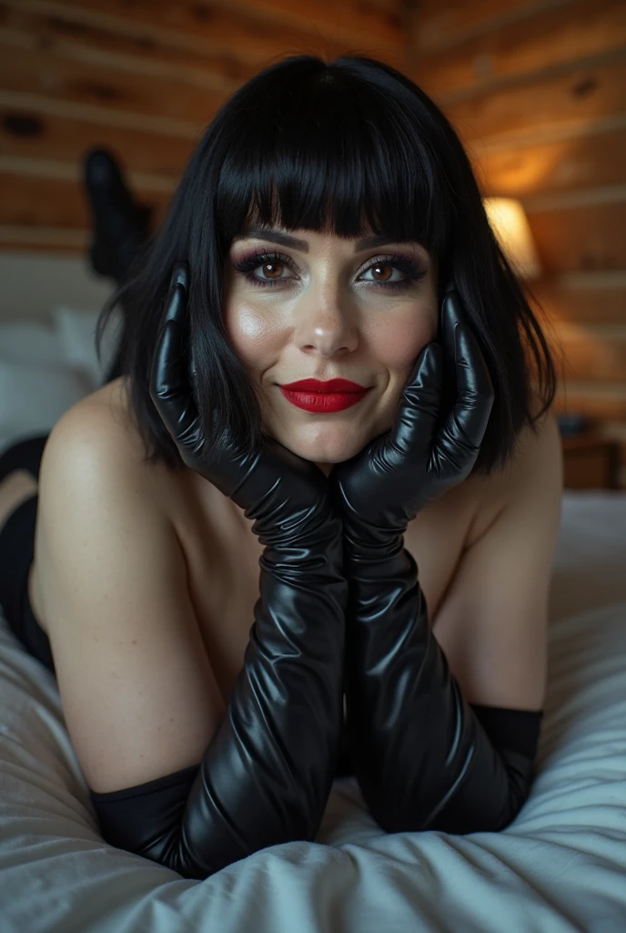 medium shot, photo of soaked sweaty sensual Bettie page, eyes closed, she wears casual shirt with a knitted sweater black glove , fine black gloves,in tavern, lying down on her back front of a man, completly possessed by two man,having hard sex between the legs,anal sex (photo is from above:1.0) (skin texture), Fujifilm XT3, DSLR, 50mm,