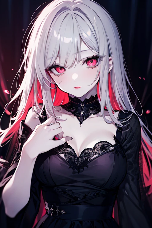 Beautiful young white-haired girl with piercing red eyes, half smile with full lips, black nails, barbed wires everywhere(coiled black barbed wires)