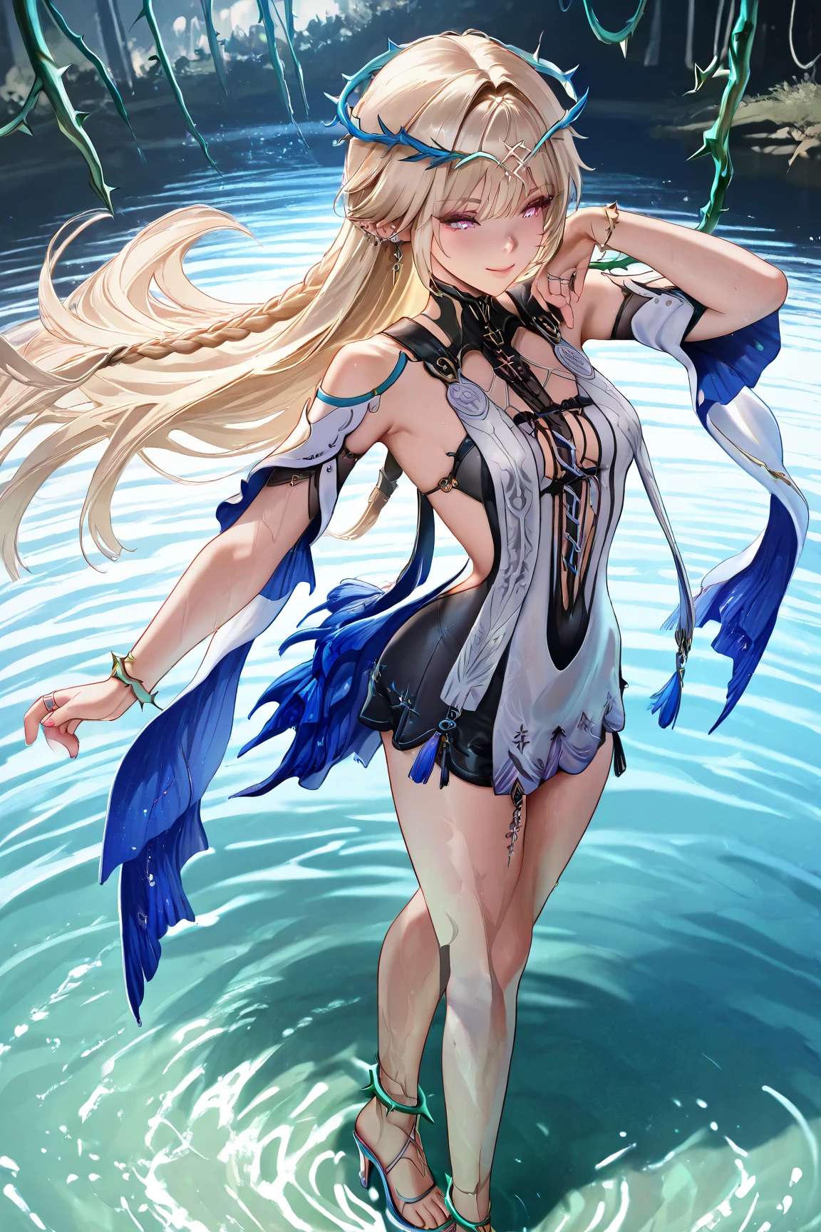 (8K, Original photography, Top image quality, masterpiece: 1.28), hyper HD, (Realistic, 真实感: 1.38), realisticlying, A high resolution, softlighting. Tiny Girls, girl jumping into the water、Falling、splash water、shout、Luminous water surface、White and Vivid colors, (under the mesmerizing back lighting), glistening ivory skin, sparkling highlights, Detailed KAWAII face with cute lips, long eyelashes, Delicate clothes, Detailed open crotch, (Whole Body proportions and all limbs are anatomically accurate | correct hands) .