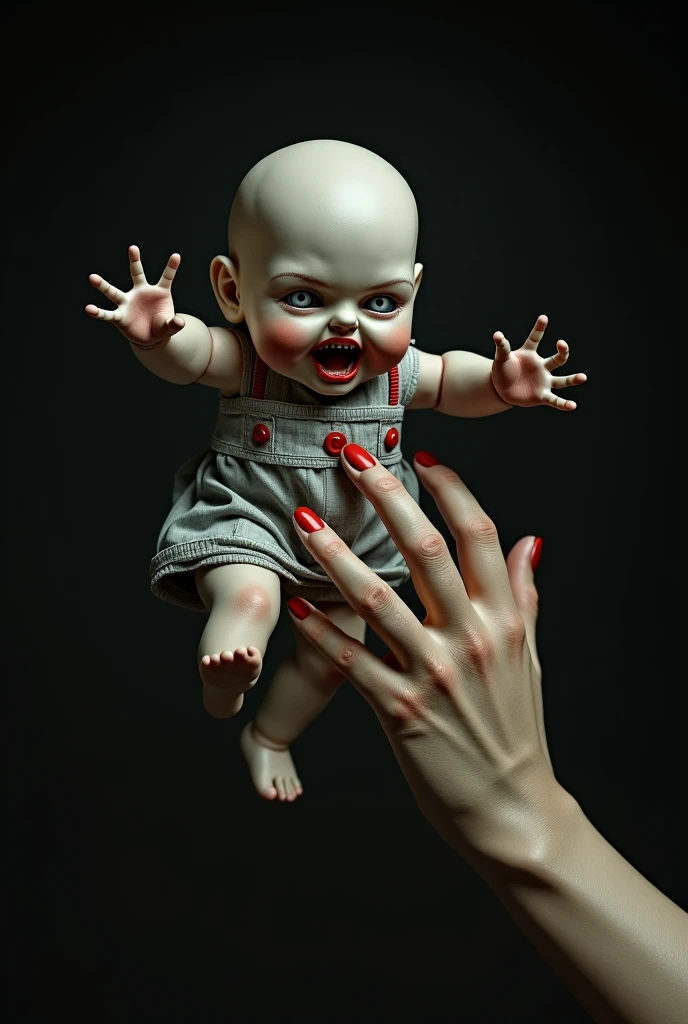 Close up of a screaming sexy doll being held by a delicate womans hand