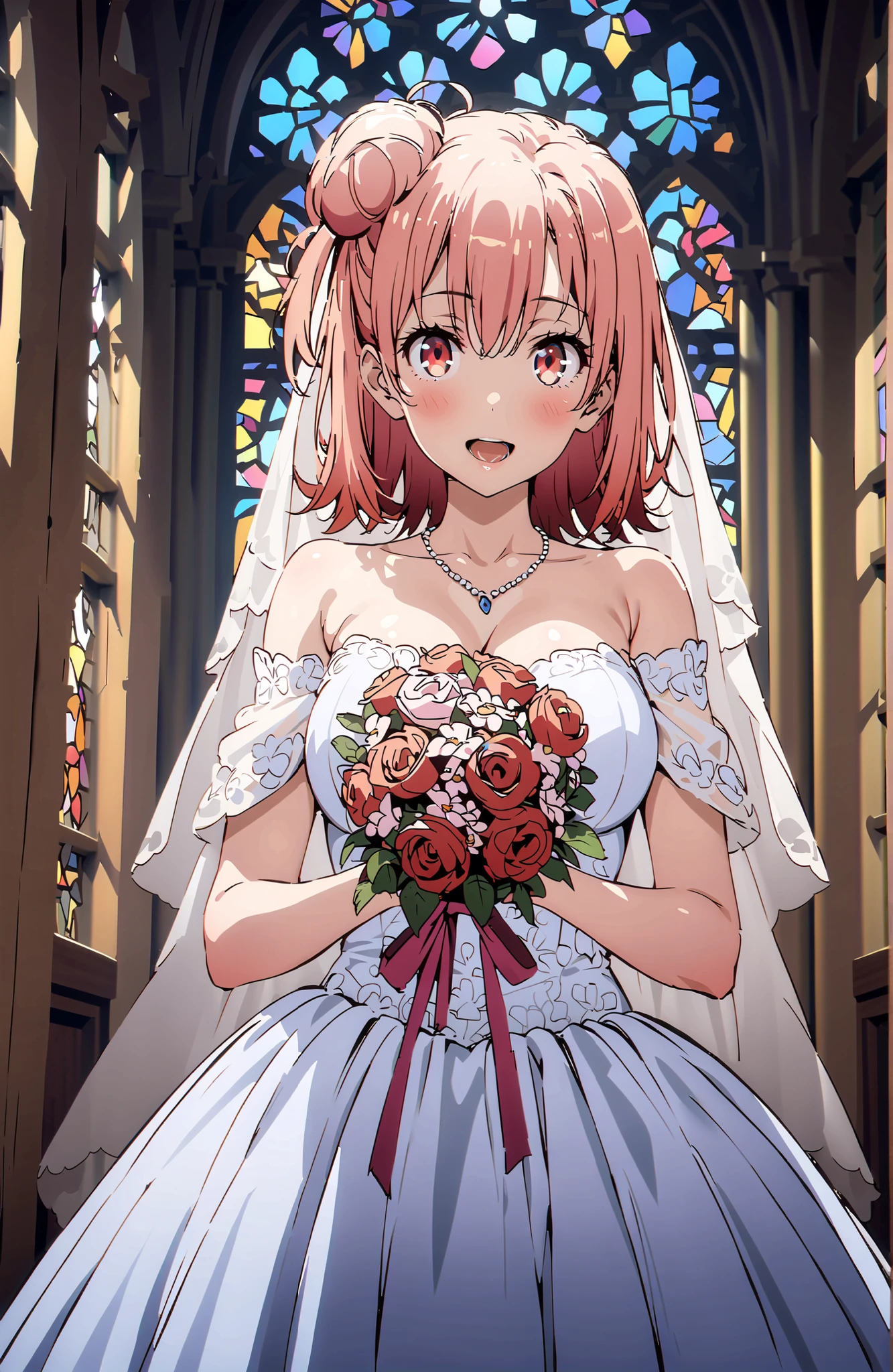 yuiyuigahama, Yuigahama Yui , solo,short hair, brown eyes in the oral vagina, pink hair, single hair bun,Big Breasts,smile,blush,open mouth off shoulder wedding dress, wedding long skirt ,bouquet,Veil,necklace for 1 person,STANDING,stained glass,full bodyがbreak looking at viewer,full body,
break indoors, Chapel,church,
break (masterpiece:1.2),Best Quality ,Kampala,unity 8k 壁紙,(shape:0.8),( fine and beautiful eyes :1.6),It's a person ,full body写真,CG Details , (perfect hand,Complete Anatomy),