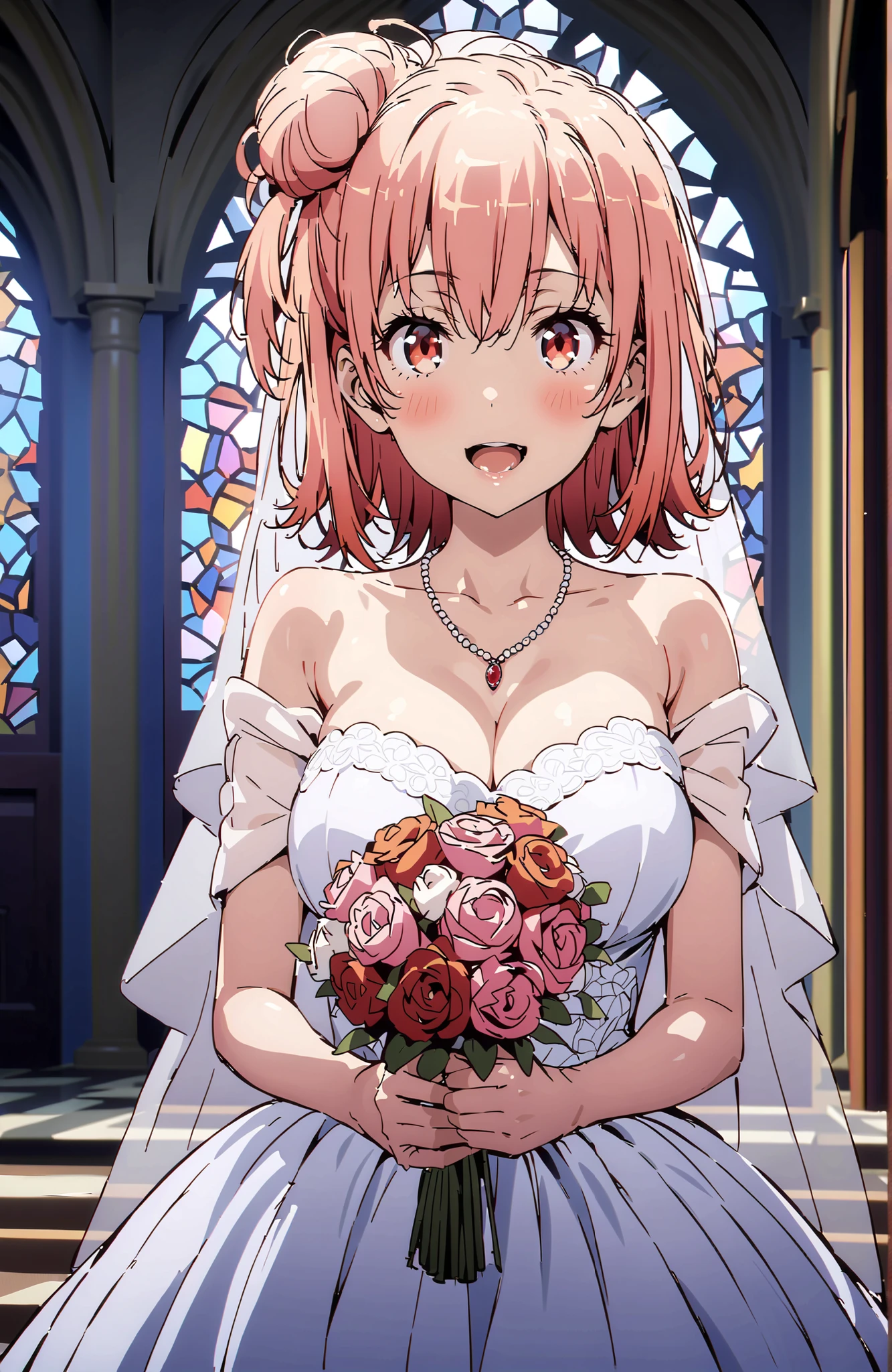 yuiyuigahama, Yuigahama Yui , solo,short hair, brown eyes in the oral vagina, pink hair, single hair bun,Big Breasts,smile,blush,open mouth off shoulder wedding dress, wedding long skirt ,bouquet,Veil,necklace for 1 person,STANDING,stained glass,full bodyがbreak looking at viewer,full body,
break indoors, Chapel,church,
break (masterpiece:1.2),Best Quality ,Kampala,unity 8k 壁紙,(shape:0.8),( fine and beautiful eyes :1.6),It's a person ,full body写真,CG Details , (perfect hand,Complete Anatomy),