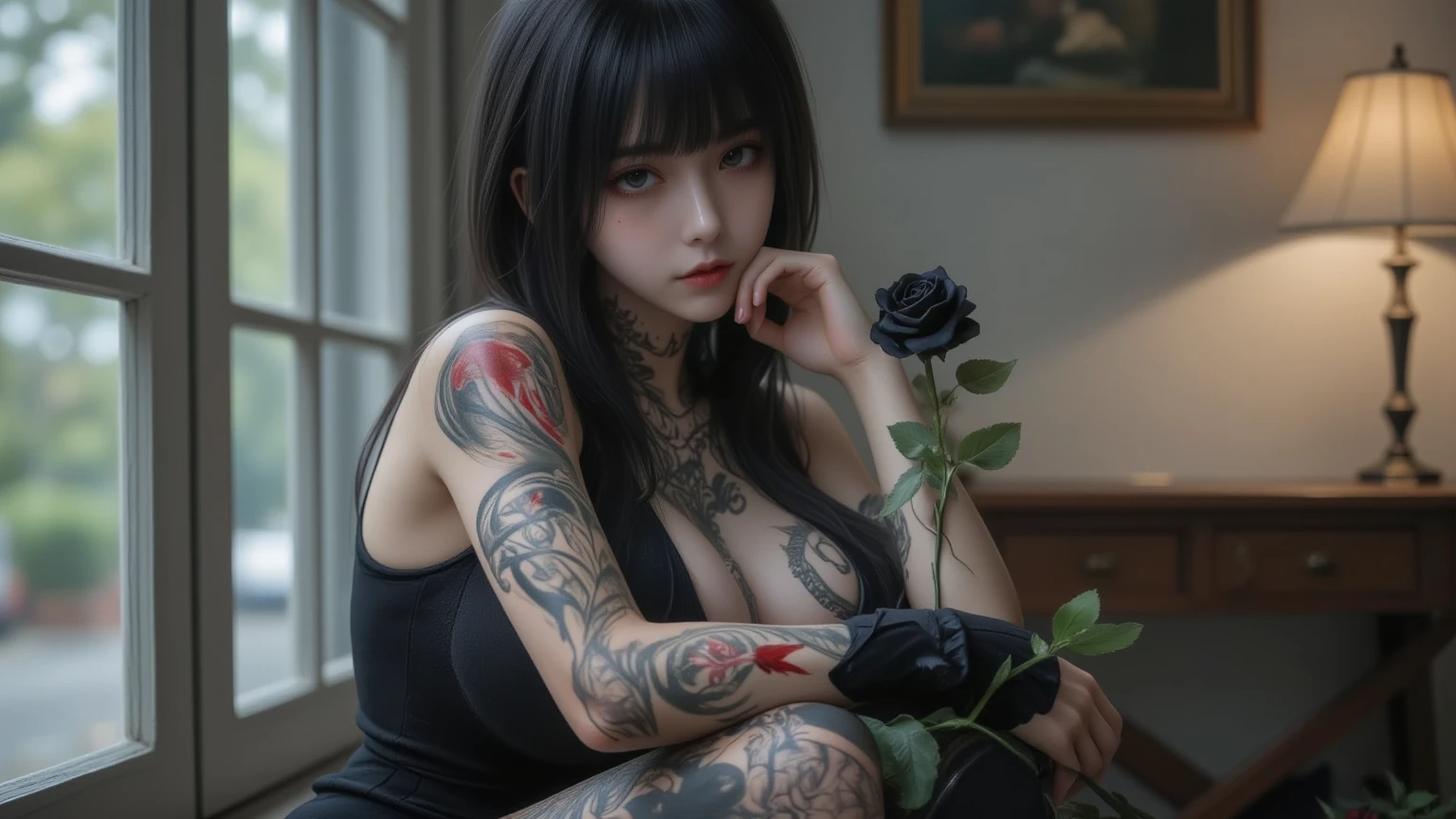 Make a tattooed woman, with long black hair and bangs, sitting, dark clothes