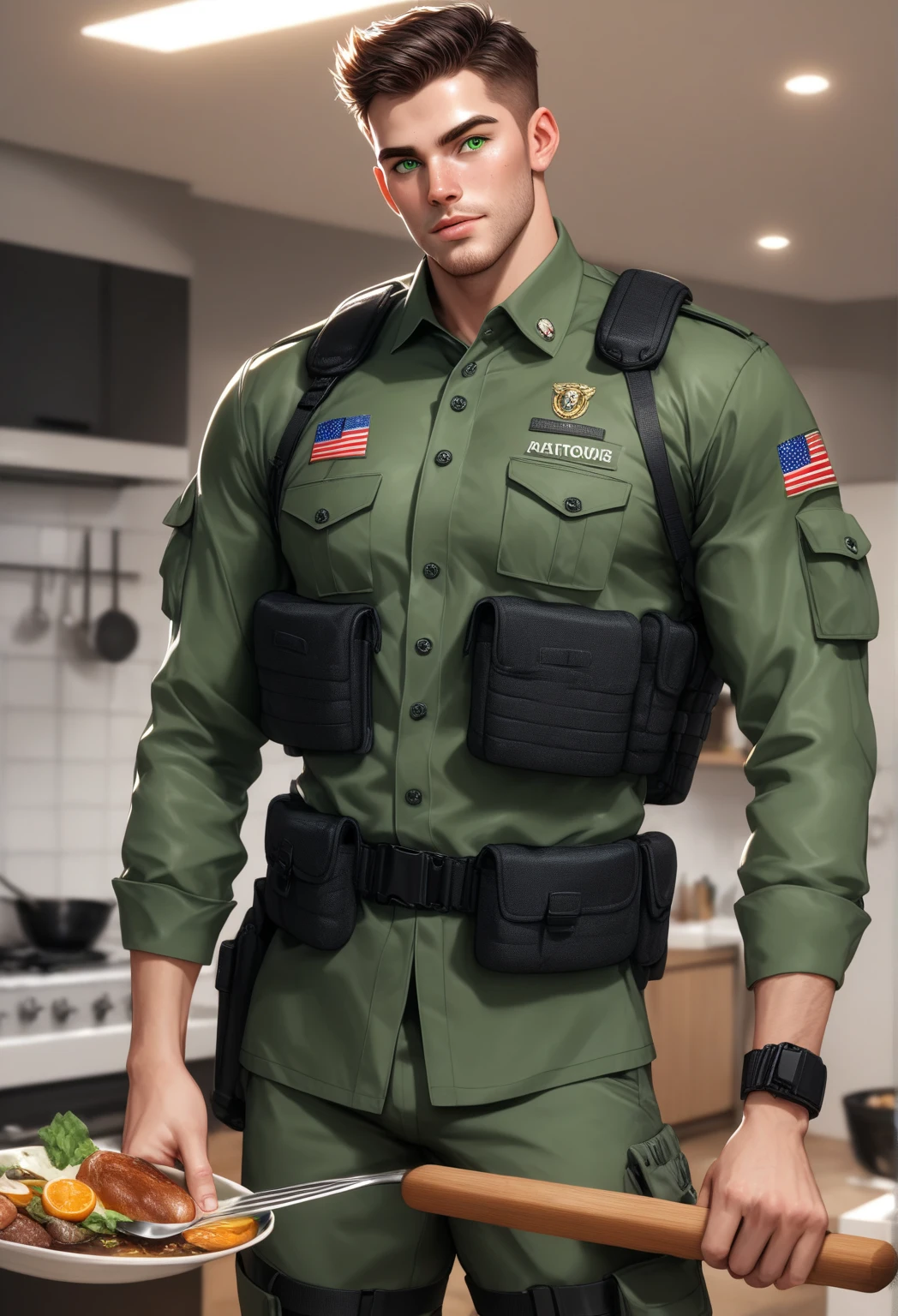 1 man,(Skinheads hairstyles) ,black eye,(Wear a fitted jacket navy with a police badge.:1.3),(fit neck),Navy blue cargo ,(black_gloves), Korean guy,chest muscles,large arm muscles,blood vessel,Big muscles,Broad shoulders, smile, middle of the road,(full_shot:1.6),(In the bread shop:1.2),