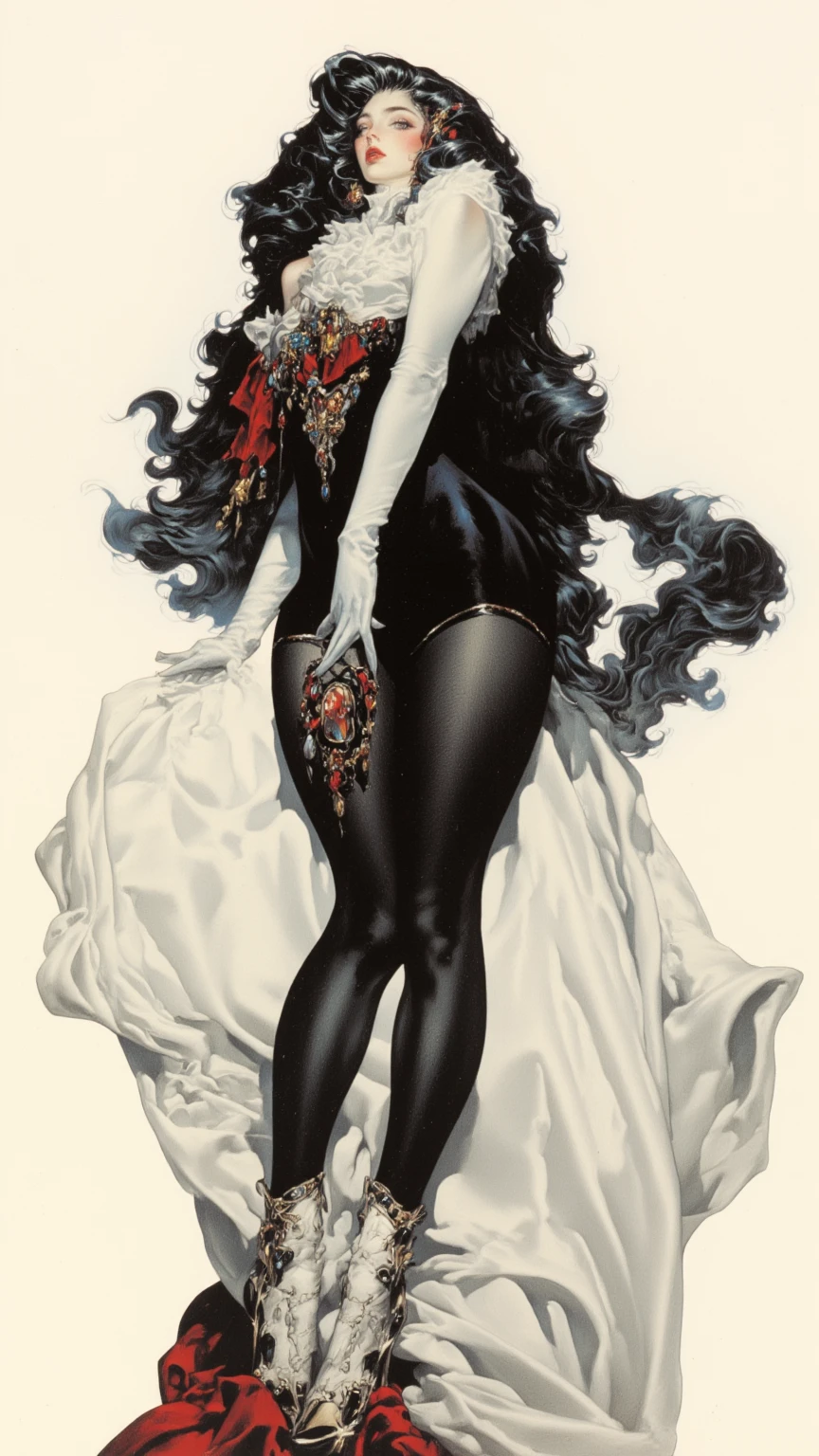 vampirella, model = margot robbie, long black hair, bettie paige style center part bangs with updo hairstyle, cosplaying vampirella, white vampire collar fastened at the neck to ((red high waist deep v plunging cameltoe latex swimsuit)) black stiletto go-go boots , vampirella, comic-book costume, high end, high fashion, surreal, dark, avantgarde, fetish, art, helmut newton color photography, dynamic dramatic pose