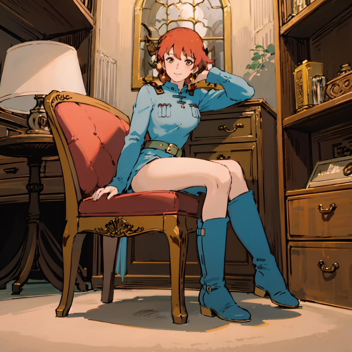 masterpiece, high quality, 1 girl,, (masterpiece:1.4), (best qual:1.4), (High resolution:1.4), 1 girl, redhead, brown eyes, Cumming face､Nausicaa, sit on a chair, No panties, high boot, colorful, whole body, ghibli style, software,  spread your legs and masturbate,Expand your vagina､expression of ecstasy､expose one&#39;s chest､