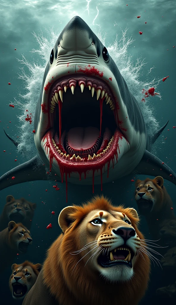 Shark our lion ki fight jisme shark jeet jata hai lion niche pada hota hai khun se horror background