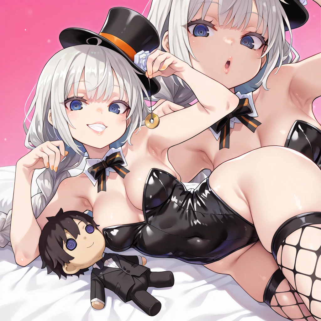 Illustration, Mother and daughter, blonde hair, (nudity:1.3), blue eyes, smile,with black bunny ears, with black high socks, with black gloves, in casino club
