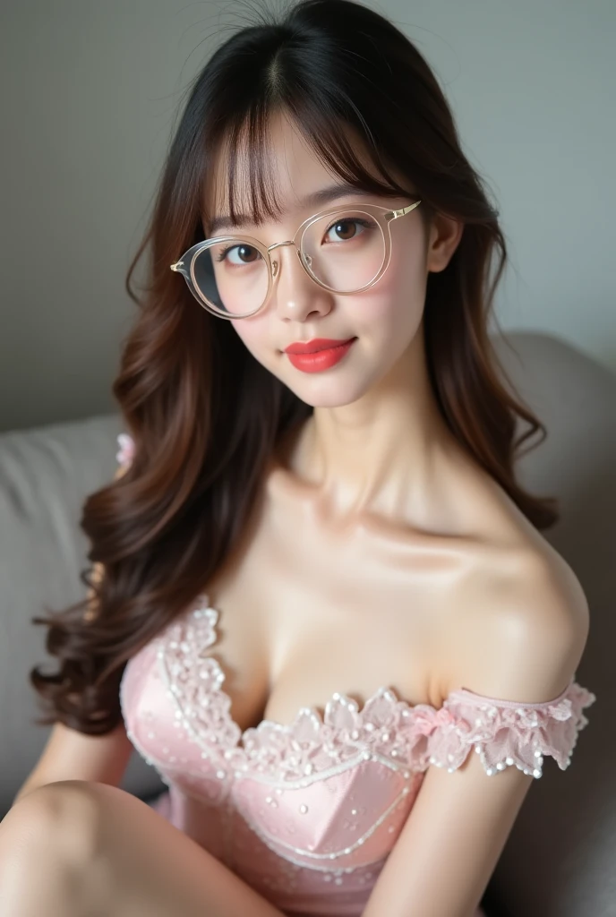 photo Realistic:1.2, 最high quality, 最high quality, Ultra-high resolution, RAW Photos, Realistic, Bright lighting, Face Light, Smooth Professional Lighting, Looking into the camera, alone, Adult female, Japanese, Beautiful woman, Super Beauty, Realistic skin, Moisturized Skin, Realistic eyes and faces, Perfect model body shape, Beautiful Eyes, Big eyes, Inconspicuous tear bags, slim, Big Breasts, very good, No makeup, Beautiful fingers, Very short hair, Brown Hair, Brown eyes, Looks happy、(Both ears are covered by hair), Cowboy Shot), (Glasses with pink frames), Biomechanical, (((White Dress, Frills, race))), (((Bedroom))), masterpiece, masterpiece, Anatomically correct, Attention to detail, high quality,