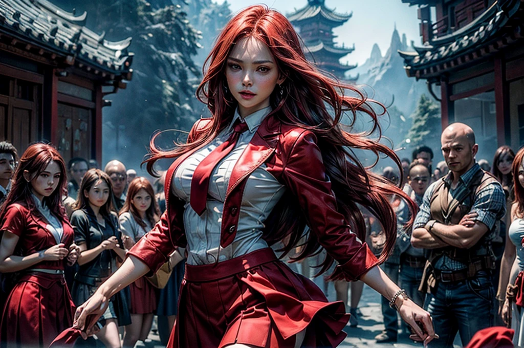 masterpiece, best quality, highres, erza scarlet, fairy tail, 1girl, long hair , (red hair) , brown eyes , large breasts, (wearing red business suit, red jacket, red skirt, white shirt, white neck tie),  hair over one eye, standing with friends, great wall of China, crowd, cowboy shot, looking at viewer, masterpiece,stunning girlfriend, heart shaped face, elegant face, beautiful face, highly detailed face, highly detailed skin, skin pores, subsurface scattering, realistic pupils, looking at viewer, full lips, detailed background, depth of field, atmospheric perspective, volumetric lighting, sharp focus, absurdres, realistic proportions, good anatomy, (realistic, hyperrealistic:1.4), 16k hdr,