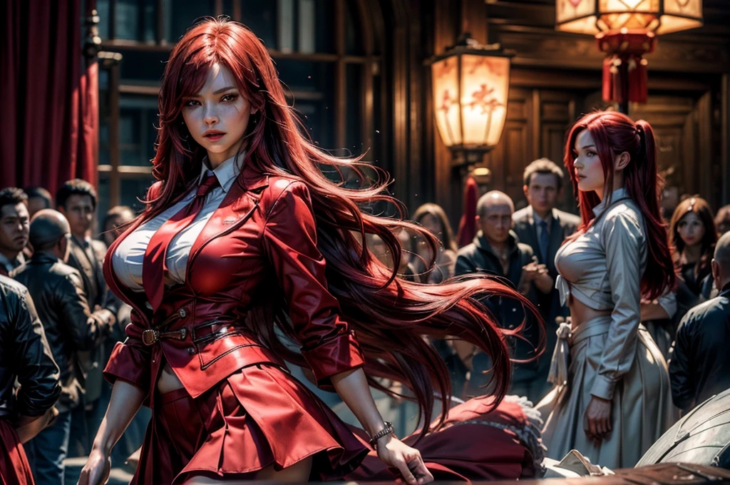 masterpiece, best quality, highres, erza scarlet, fairy tail, 1girl, long hair , (red hair) , brown eyes , large breasts, (wearing red business suit, red jacket, red skirt, white shirt, white neck tie),  hair over one eye, standing with friends, great wall of China, crowd, cowboy shot, looking at viewer, masterpiece,stunning girlfriend, heart shaped face, elegant face, beautiful face, highly detailed face, highly detailed skin, skin pores, subsurface scattering, realistic pupils, looking at viewer, full lips, detailed background, depth of field, atmospheric perspective, volumetric lighting, sharp focus, absurdres, realistic proportions, good anatomy, (realistic, hyperrealistic:1.4), 16k hdr,