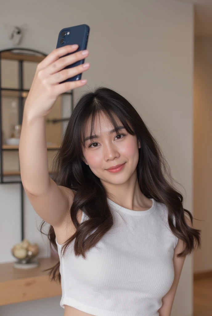 Generates images of a pretty, skinny 18-year-old girl in the real world from the shoulders up who is smiling., with loose hair, The background is a black and white room that looks very realistic, wearing a light blue t-shirt with a butterfly print taking a selfie with a Samsung cell phone in her hand