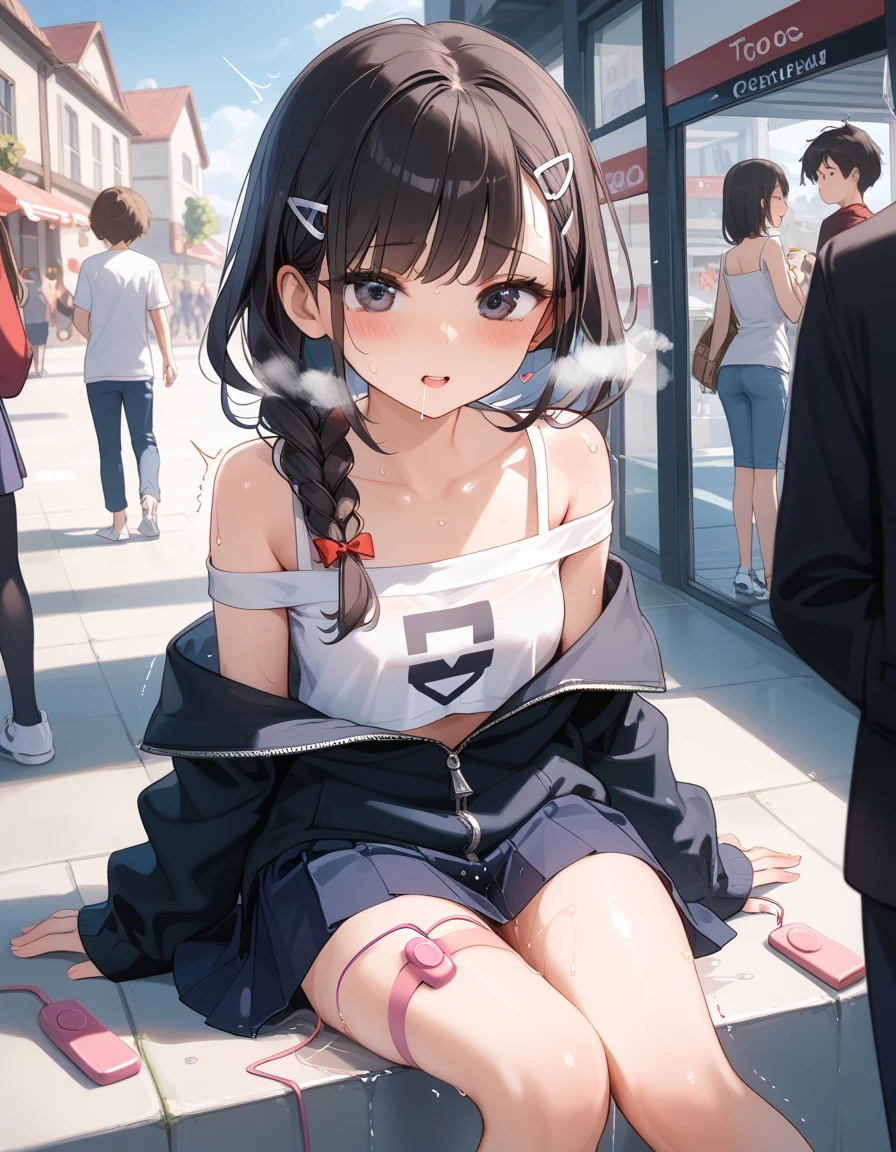 from directly below、Legs2Book、Panties with horizontal stripes、spread legs with squatting pose、M-shaped legs、Spread your legs、Sit on the ground、I'm looking away、In town、bustling street、cap、Shoulder bag、mini skirt、Private Server、Girl、Girl、Younger、Baby Face、flat chest、forehead、Glaring、Both eyes open、Voyeur style、ground