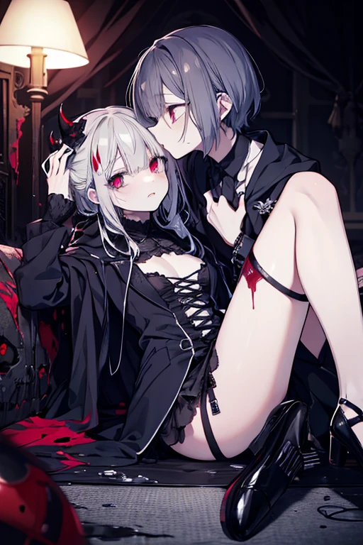 "2 girls, ((Masterpiece)), [Slim], (Small breasts), Pale skin, ((Detailed eyes)), (Background blur), ganyudef white long hair, Red eyes, villainous, Dark theme, [eyes liner], Evil".. Embracing. Profusely Blushing, profusely sweating. Naked Lesbian.  (Groping fondling pulling breasts). Spit. (Bunny suit).  [multiple penetration cream-pie] [stripping of clothes].recoil, violent. Kneeling. Heart pupils. Deepthroating. (Cum dripping spread pussy) exposed pussy. Pulling hair, long tongue. Masturbation. Dildo. Rape. sex. Open mouth. Smut. Erotica. Decapitated. Choking. Riding on dildo. Sex toys, pantyhose. Covered in cum. Cut in half . High heels. Spreading pussy.