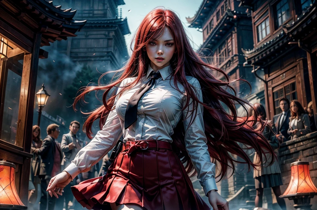 masterpiece, best quality, highres, erza scarlet, fairy tail, 1girl, long hair , (red hair) , brown eyes , large breasts, (wearing business suit,  jacket, skirt, white shirt, white neck tie),  hair over one eye, standing with friends, great wall of China, crowd, cowboy shot, looking at viewer, masterpiece,stunning girlfriend, heart shaped face, elegant face, beautiful face, highly detailed face, highly detailed skin, skin pores, subsurface scattering, realistic pupils, looking at viewer, full lips, detailed background, depth of field, atmospheric perspective, volumetric lighting, sharp focus, absurdres, realistic proportions, good anatomy, (realistic, hyperrealistic:1.4), 16k hdr,
