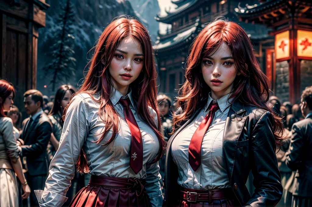 masterpiece, best quality, highres, erza scarlet, fairy tail, 1girl, long hair , (red hair) , brown eyes , large breasts, (wearing business suit,  jacket, skirt, white shirt, white neck tie),  hair over one eye, standing with friends, great wall of China, crowd, cowboy shot, looking at viewer, masterpiece,stunning girlfriend, heart shaped face, elegant face, beautiful face, highly detailed face, highly detailed skin, skin pores, subsurface scattering, realistic pupils, looking at viewer, full lips, detailed background, depth of field, atmospheric perspective, volumetric lighting, sharp focus, absurdres, realistic proportions, good anatomy, (realistic, hyperrealistic:1.4), 16k hdr,