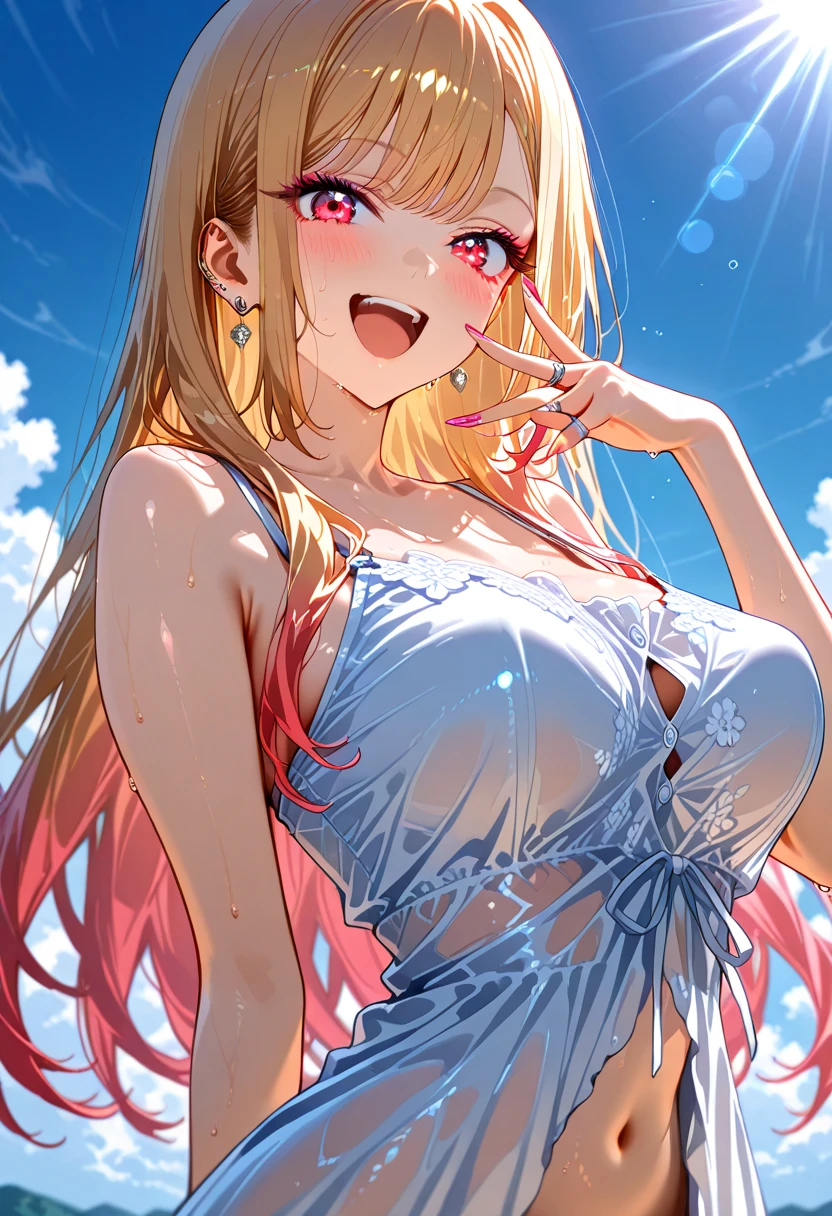 1girl、Big Peace Sign、Small breastsｍ、Simple Background、smile、