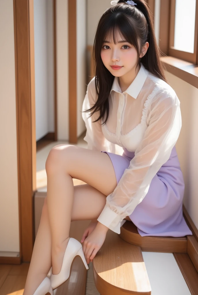 high quality, shape, Super detailed, finely, High resolution, 8k wallpaper, 完璧なダイナミックな構shape, beautiful and detailed eyes, natural color lip, random sexy pose,cute smile,Hotel,18 year old girl、beautiful and detailed face、perfect and beautiful face,Big eyes、beautiful and detailed face、perfect and beautiful double eyelids、blur the background、perfect and beautiful face、Feminine poses、blur the background,just a skirt,beautiful feet,thighs,The woman I want to hold,gray uniform,whole body,pleated skirt