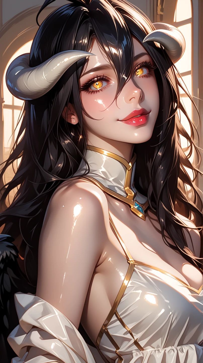 gritty style, score_9, score_8_up, score_7_up, score_6_up, uncensored, Albedo, demon horns, black hair, long hair, yellow eyes, slit pupils, BREAK (masterpiece:1.2), best quality, high resolution, (beautiful detailed eyes:1.3), perfect lighting, (perfect hands, perfect anatomy), hearts, pleasured, large breast, , magic-realism, epoxy, sepia colors