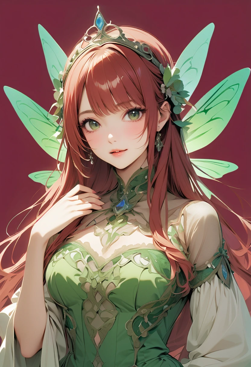 one adult woman with Antlers and Bright Red hair wearing a Short green dress made of leaves and flowers with butterflies all around her. Butteflies in her hair. she has lots of freckles. She has big boobs and is thicc. Posing in a woodland setting surrounded by butteflies
