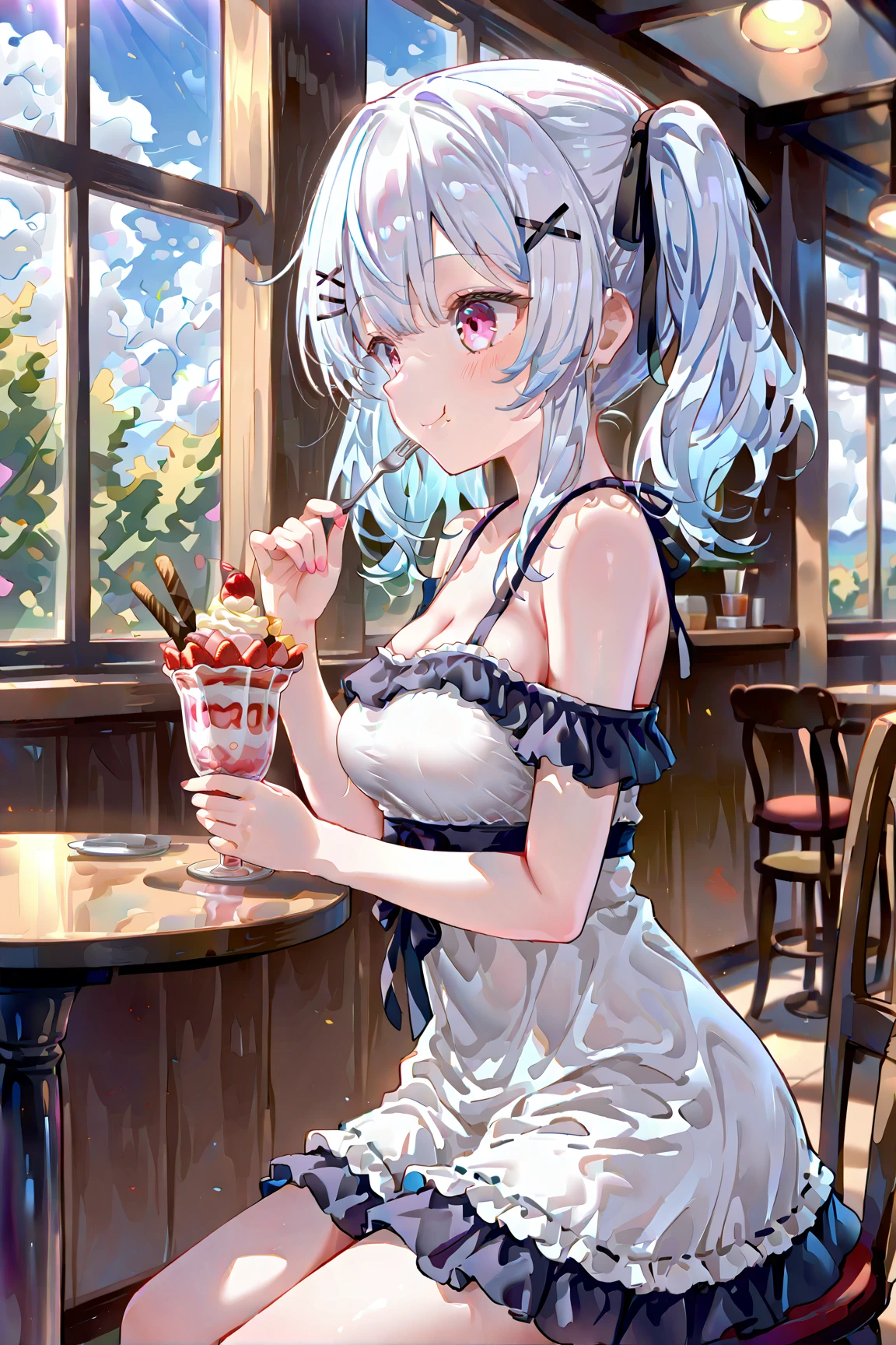 Create a realistic image of a young woman with short, light gray hair. She is shirtless, and has massive boobs. The woman is holding a tray with colorful drinks, including a glass of milkshake with a straw and a cup of ice cream with a spoon. The expression on her face is one of surprise or fright, as if she is about to trip. The pose is dynamic, showing movement, with one of the legs slightly raised and the body leaning forward. The background should be simple, focusing on the character and the details mentioned.