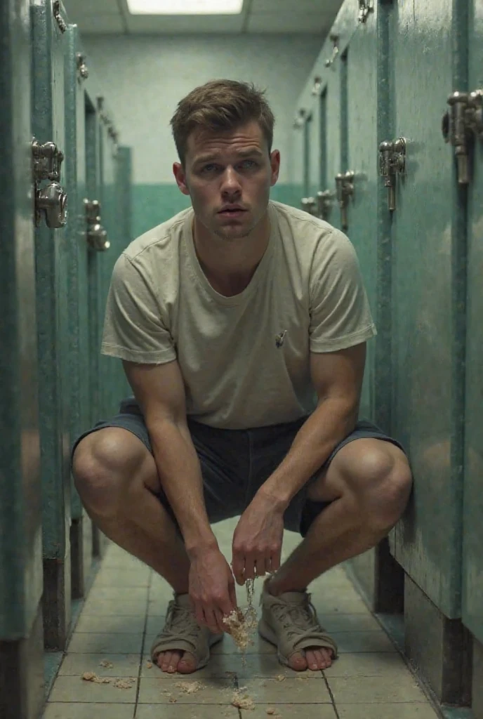 Young, muscular, red-haired gas station attendant sitting on the bathroom floor, Looking at cell phone, in navy blue underwear, red cap and discreet chain around the neck, Being watched by a man sitting on the bench.