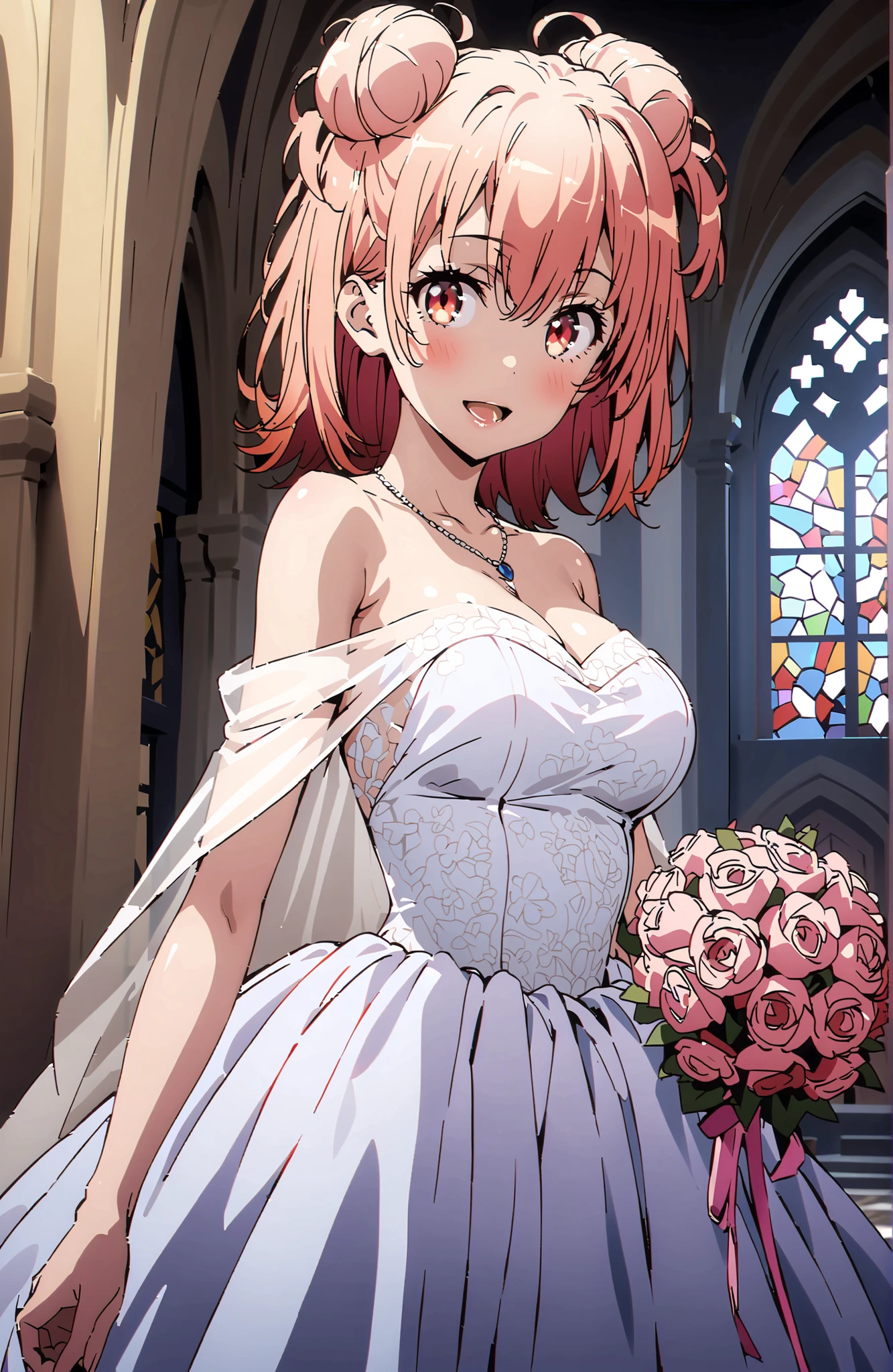 yuiyuigahama, Yuigahama Yui , solo,short hair, brown eyes in the oral vagina, pink hair, single hair bun,Big Breasts,smile,blush,open mouth off shoulder wedding dress, wedding long skirt ,bouquet,Veil,necklace for 1 person,STANDING,stained glass,full bodyがbreak looking at viewer,full body,
break indoors, Chapel,church,
break (masterpiece:1.2),Best Quality ,Kampala,unity 8k 壁紙,(shape:0.8),( fine and beautiful eyes :1.6),It's a person ,full body写真,CG Details , (perfect hand,Complete Anatomy),