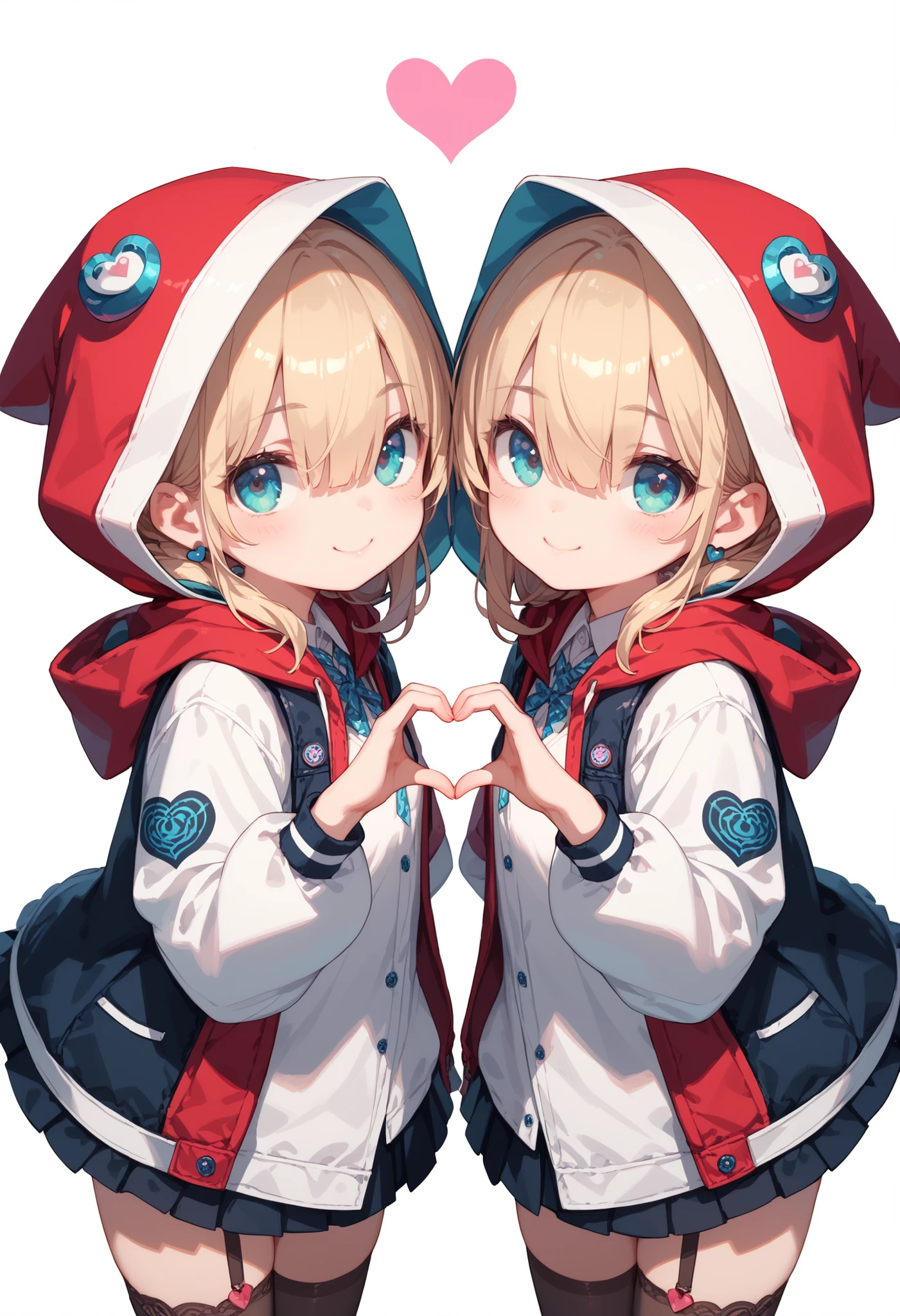 Chibi character style, 2 girl, twins, looking at viewer, symmetry, (heart hands:1.3), simple background, hood up, hood over eyes,
The illustration is done in a paper-cutting style