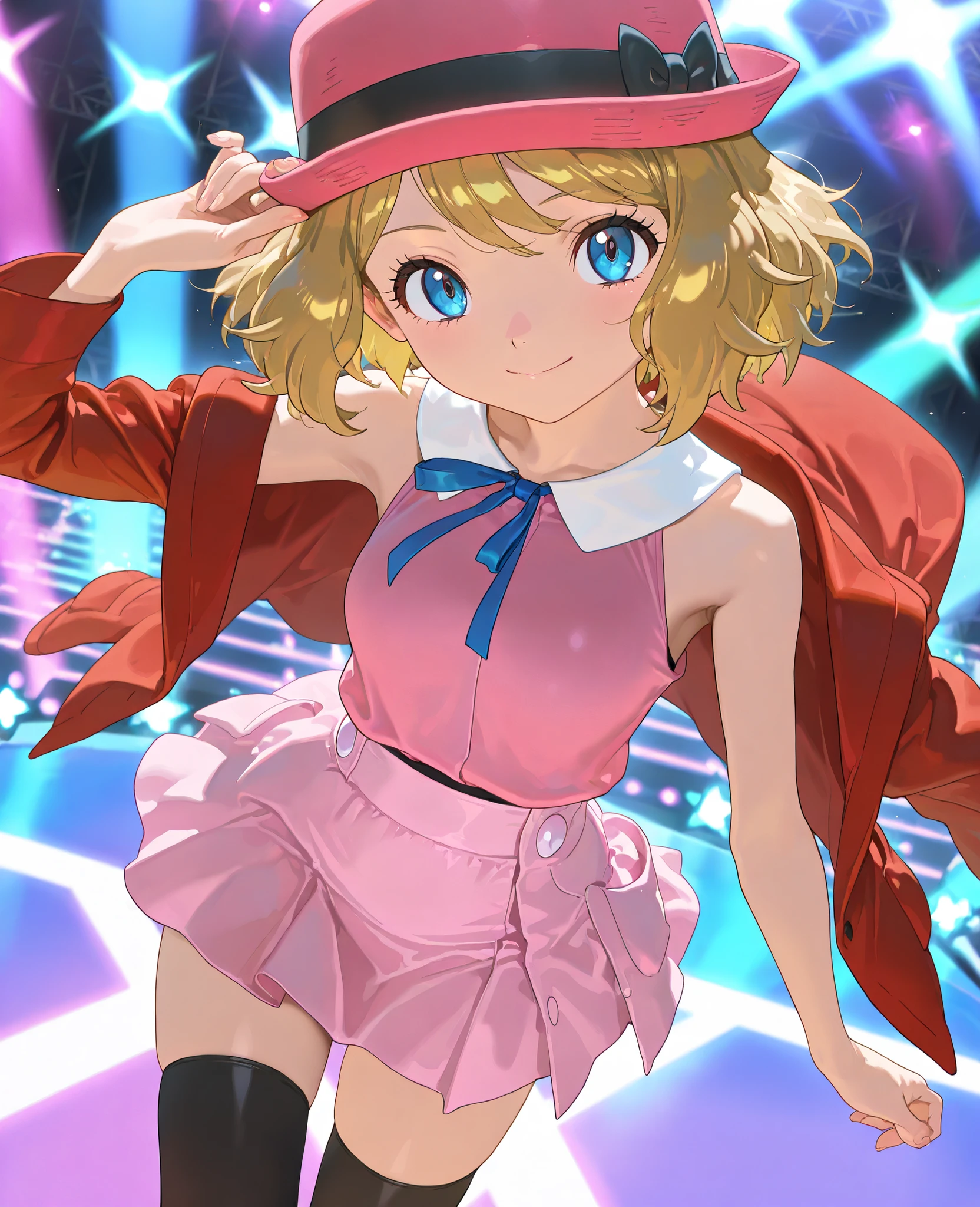 best quality, good quality, amazing quality, very aesthetic, absurdres, masterpiece,1girl,solo,serena,blue eyes, eyelashes, short hair, blonde hair, hat, neck ribbon, blue ribbon, pink shirt, sleeveless, bare arms, red jacket, pink skirt, black thighhighs,dynamic angle,smile,looking at viewer,stage,lighting
