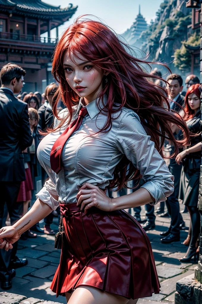 masterpiece, best quality, highres, erza scarlet, fairy tail, 1girl, long hair , (red hair) , brown eyes , large breasts, (wearing business suit,  jacket, skirt, white shirt, white neck tie),  hair over one eye, standing with friends, great wall of China, crowd, cowboy shot, looking at viewer, masterpiece,stunning girlfriend, heart shaped face, elegant face, beautiful face, highly detailed face, highly detailed skin, skin pores, subsurface scattering, realistic pupils, looking at viewer, full lips, detailed background, depth of field, atmospheric perspective, volumetric lighting, sharp focus, absurdres, realistic proportions, good anatomy, (realistic, hyperrealistic:1.4), 16k hdr,