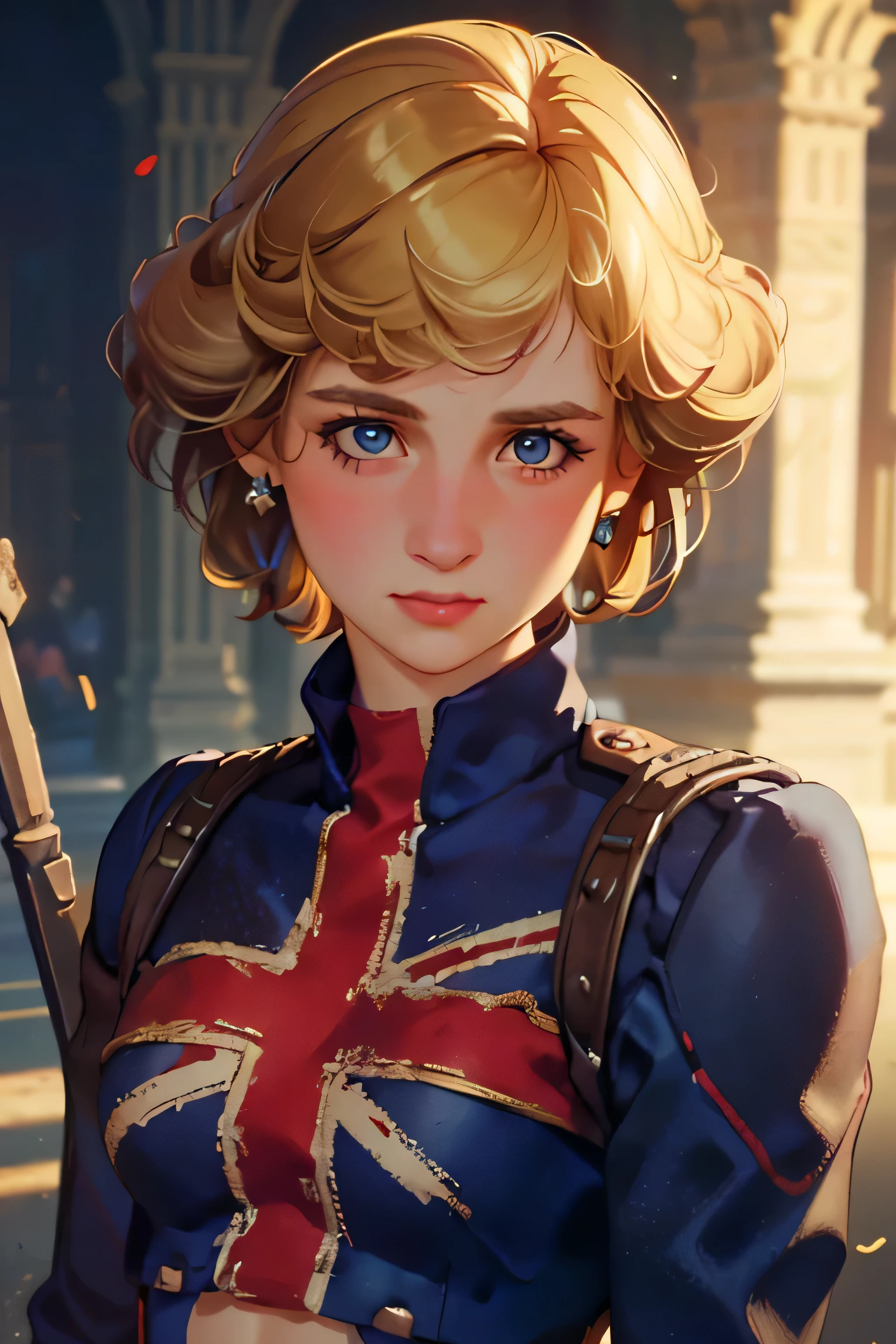 (masterpiece:1.3), (8K, Realistic, RAW Photos, Highest quality: 1.4), (One Girl), Beautiful Face, (Realistic Face), Beautiful Hairstyles, Realistic eyes, Beautiful details, (Realistic Skin), Beautiful Skin, Absurd, charm, Ultra-high resolution, Ultra-realistic, Very detailed, Golden Ratio, (Best Shadow), Cinematic, (Complex:1.4), High Contrast, Side lighting, ((Princess Diana)), ((Accurate hands and fingers)), ((captain england)), Caucasian female, (Blonde Hair, short hair:1.3), (Voluptuous body), (イギリス国旗がデザインされた円形の盾を持っている), BREAK Guards standing in a row