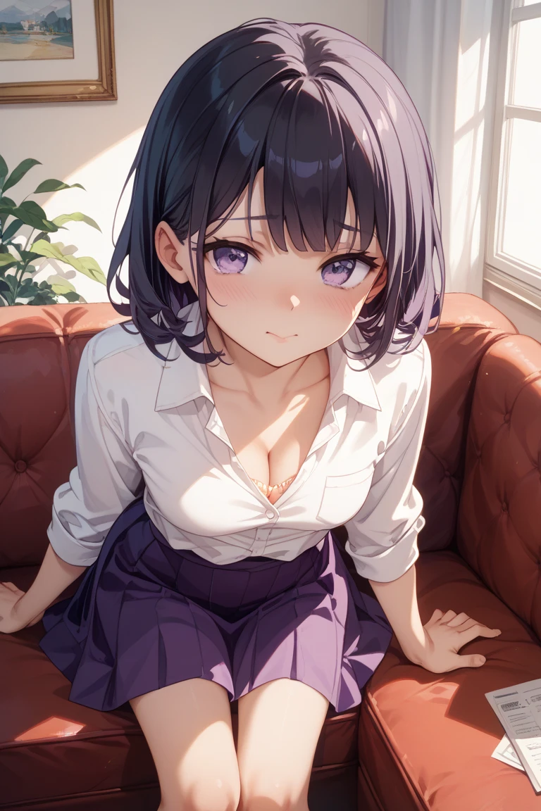 {lady with shoulder-length black hair named Rico}, business suits,tall,''short hair,lovestruck,grossy lips, (It feels like saying Hello, daytime hours), indoor,{going out style}, ((Heart-shaped choker) ), (office room), Bright background,purple eyes, Mole under the eye, Heart-shaped purpils, ((Masterpiece)), Highly detailed CG Unity 8k wallpaper), Top quality,, Detailed background, beautifully detailed eyes, heart shaped pupils,hollow eyes, looking at viewer,(very delicate and beautiful)), ((beautiful) eyes (detailed description),extra large breasts, ,floating heart,sadistic smile,growing eyes,try to show me legs,sitting on chair,black lace,shirts,earring,from ,stick out ass,tight skirt,thighhigh,put hands on skirt,glowing eyes,,garter,no sleeve,summer sweater,masterpiece,turtleneck
