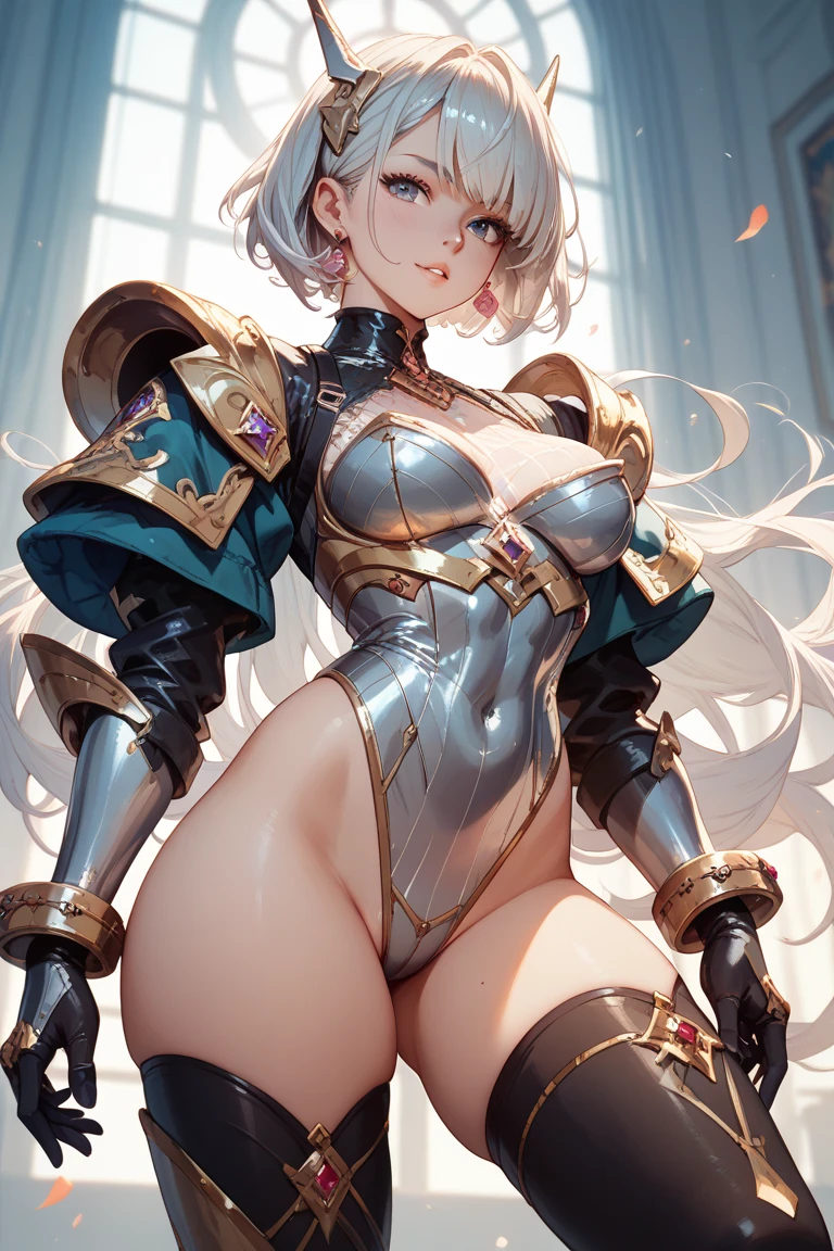 beautiful woman with short white hair, orange inferno eyes, wolf ears and a braided ponytail. She is wearing a revealing, sexy, fantasy knight armor with legplates. Her body is muscular and she is incredibly sexy. Her eyes are orange. She has strong, muscular arms and thick thighs. Wide hips.