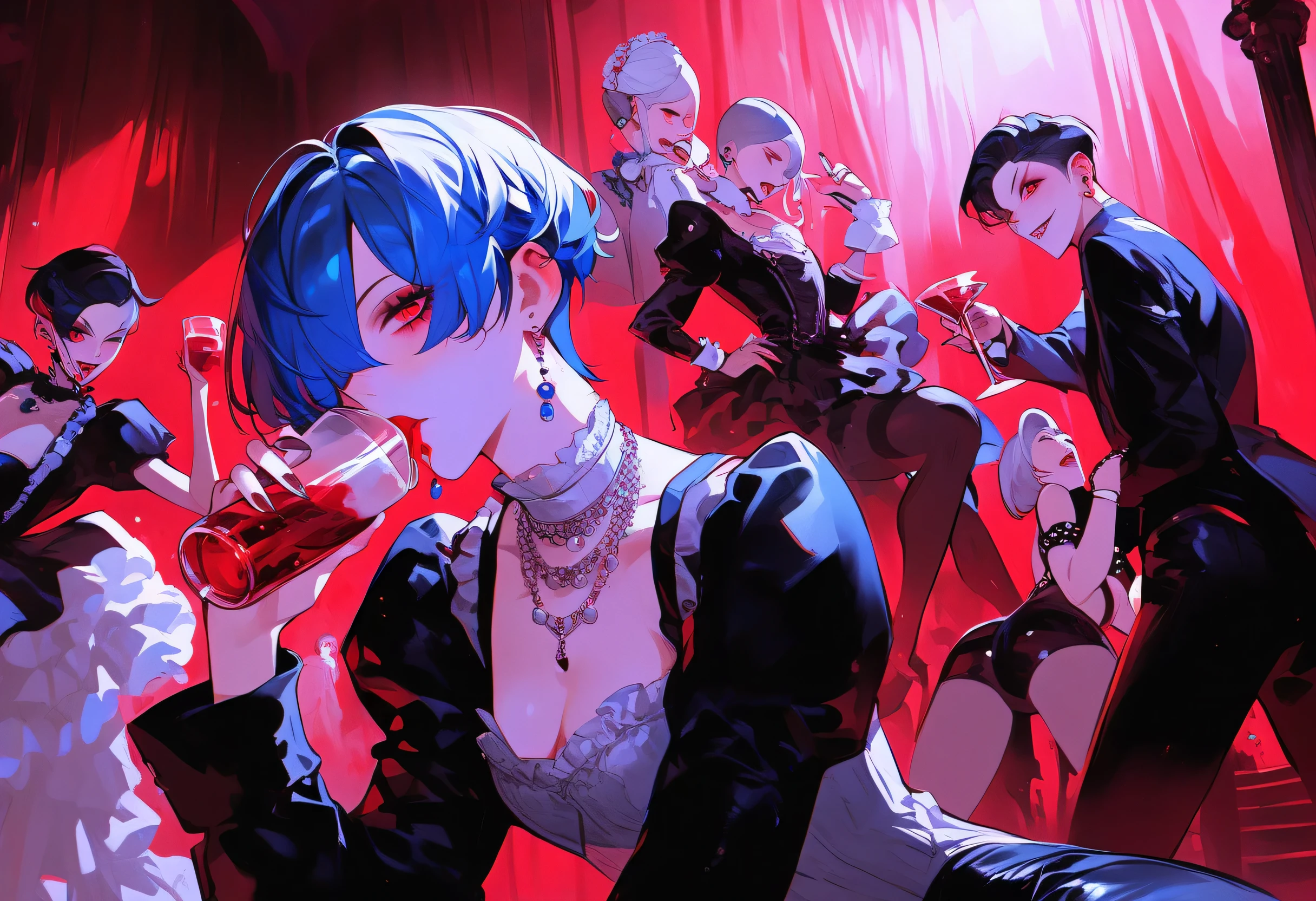 Anime - style illustration showing a group of vampires in a sophisticated social gathering. The characters have diverse appearances, from a vampire with short, neon - blue hair and a punk - inspired outfit to another with long, silver - white hair and a Victorian - era gown. The location is an opulent ballroom with chandeliers, velvet curtains, and a grand staircase. The mood is lively yet menacing, with the vampires engaging in conversation, dancing, or sipping blood - red drinks. Employ a rich color palette with deep purples, blacks, and reds, and use expressive facial features and body language to bring the scene to life. --ar 4:3 --s 1200 --niji 5