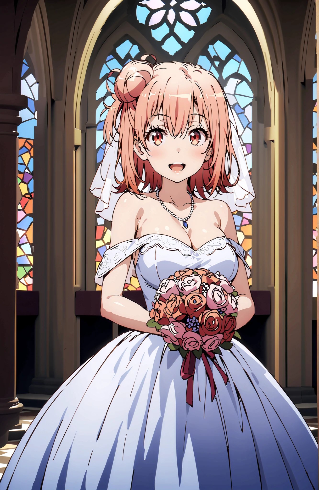 yuiyuigahama, Yuigahama Yui , solo,short hair, brown eyes in the oral vagina, pink hair, single hair bun,Big Breasts,smile,blush,open mouth off shoulder wedding dress, wedding long skirt ,bouquet,Veil,necklace for 1 person,STANDING,stained glass,full bodyがbreak looking at viewer,full body,
break indoors, Chapel,church,
break (masterpiece:1.2),Best Quality ,Kampala,unity 8k 壁紙,(shape:0.8),( fine and beautiful eyes :1.6),It's a person ,full body写真,CG Details , (perfect hand,Complete Anatomy),