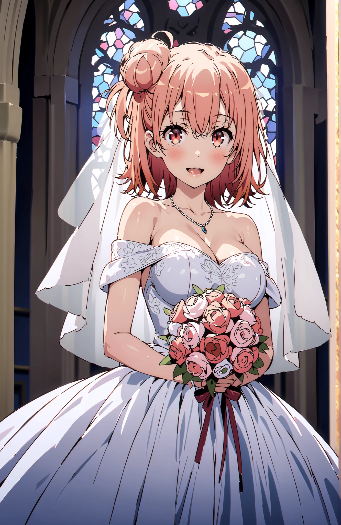 yuiyuigahama, Yuigahama Yui , solo,short hair, brown eyes in the oral vagina, pink hair, single hair bun,Big Breasts,smile,blush,open mouth off shoulder wedding dress, wedding long skirt ,bouquet,Veil,necklace for 1 person,STANDING,stained glass,full bodyがbreak looking at viewer,full body,
break indoors, Chapel,church,
break (masterpiece:1.2),Best Quality ,Kampala,unity 8k 壁紙,(shape:0.8),( fine and beautiful eyes :1.6),It's a person ,full body写真,CG Details , (perfect hand,Complete Anatomy),